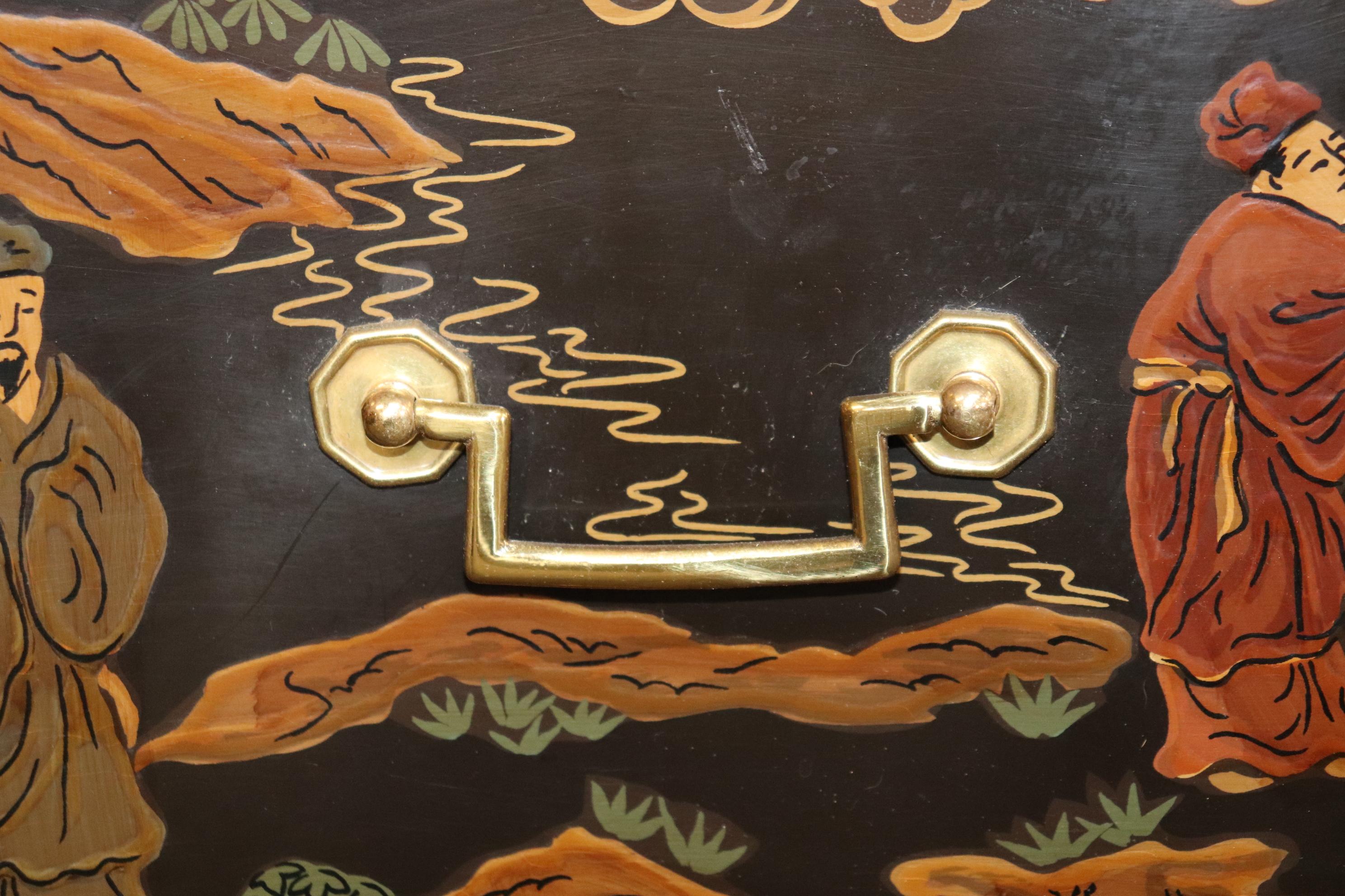 Pair of Chinoiserie Painted Medium Sized Louis XV Style Commodes Circa 1970 5