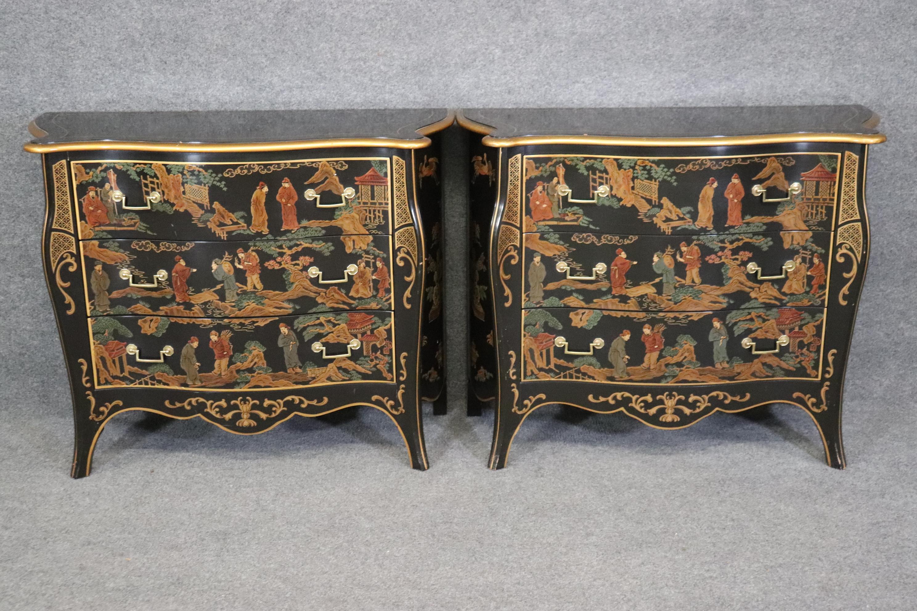 American Pair of Chinoiserie Painted Medium Sized Louis XV Style Commodes Circa 1970 For Sale