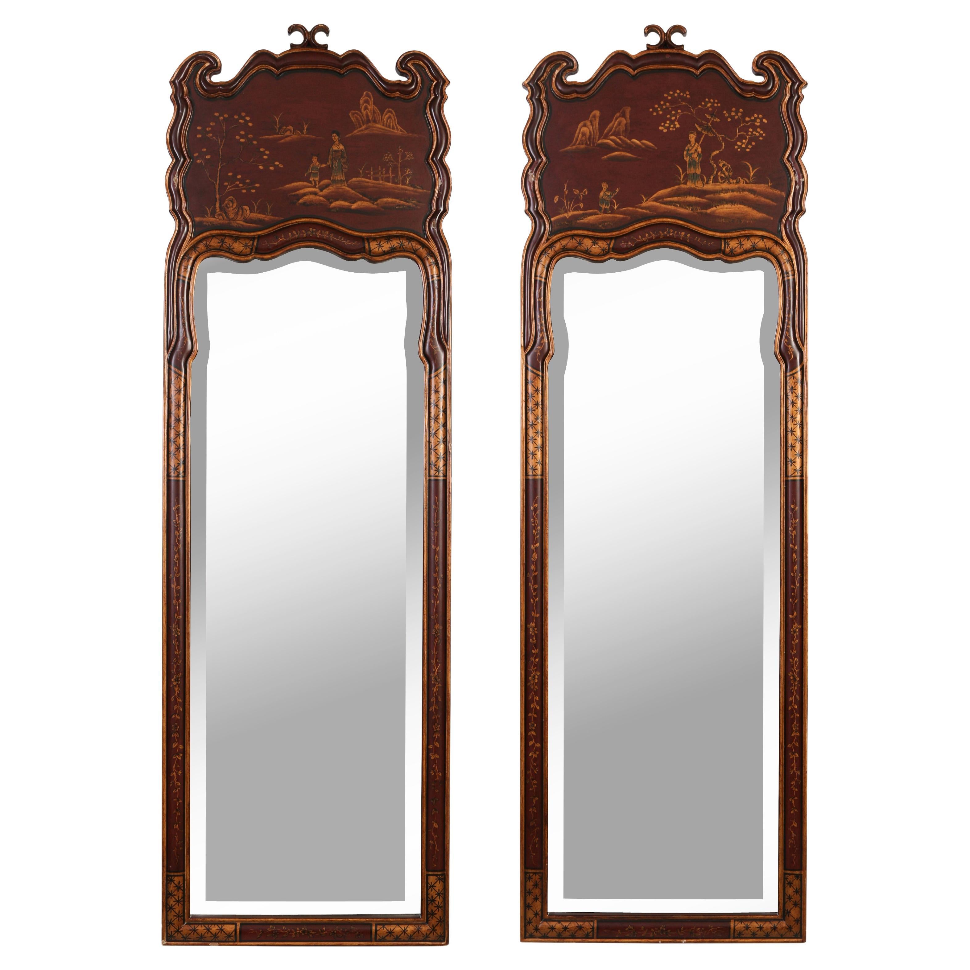 Pair of Chinoiserie Painted Narrow Mirrors For Sale