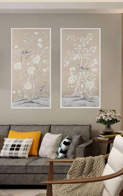 Pair of Chinoiserie Panel Hand Painted Wallpaper on Silk, Accept Custom Size