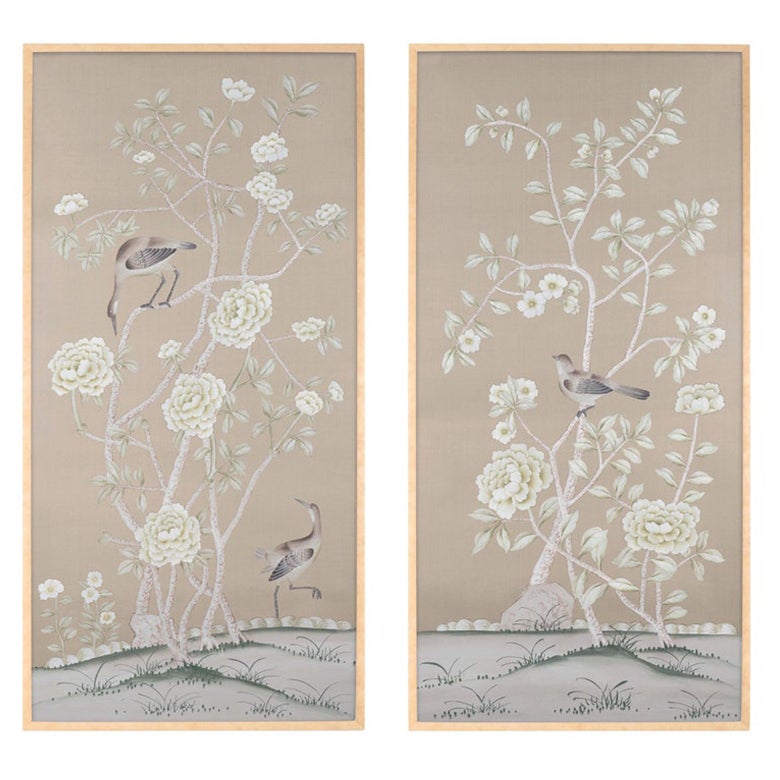 Pair of Chinoiserie Panel Hand Painted Wallpaper on Silk, Accept Custom Size For Sale