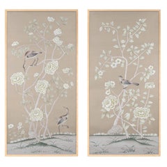 Vintage Pair of Chinoiserie Panel Hand Painted Wallpaper on Silk, Accept Custom Size