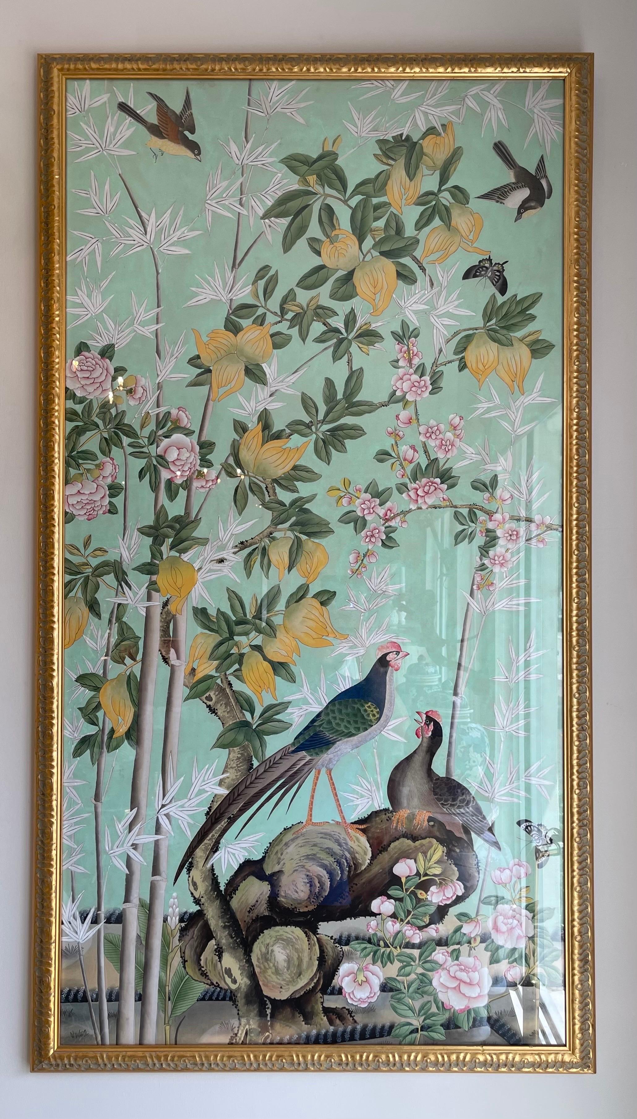 Wonderful pair of painted panels in the style of Gracie. Beautiful colorations with birds and flora.