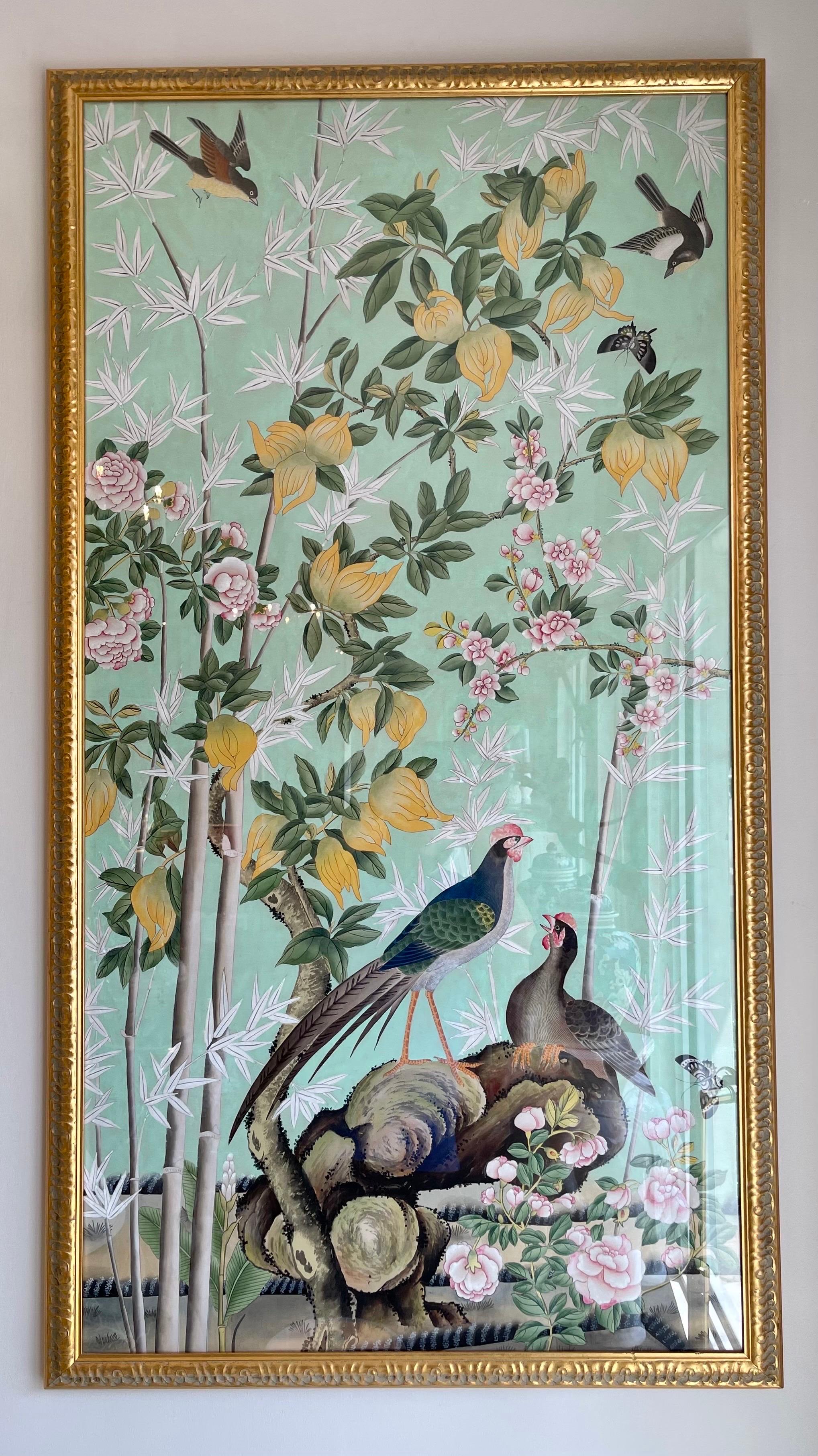 Pair of Chinoiserie Panels with Birds & Flora In Good Condition In West Palm Beach, FL