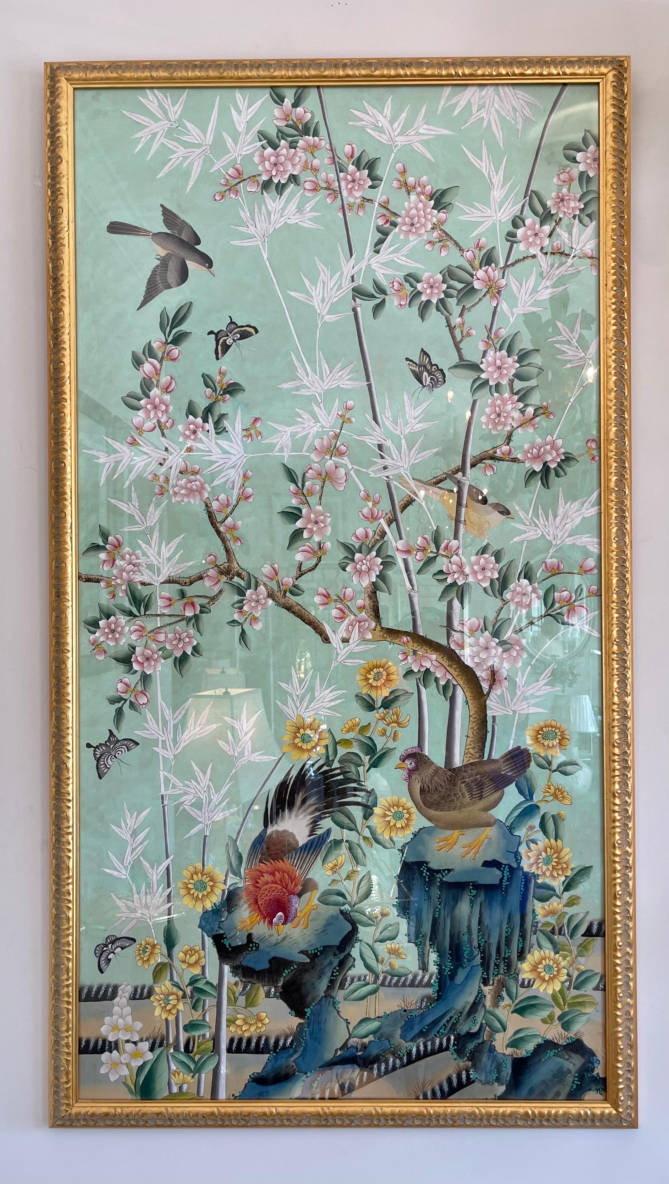 20th Century Pair of Chinoiserie Panels with Birds & Flora