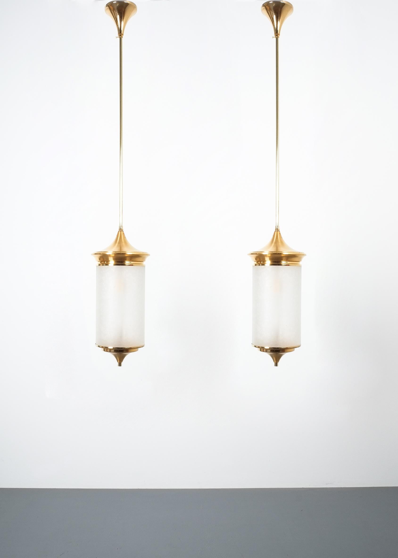 Pair of Chinoiserie Pendant Lamps Brass Glass, circa 1950 3