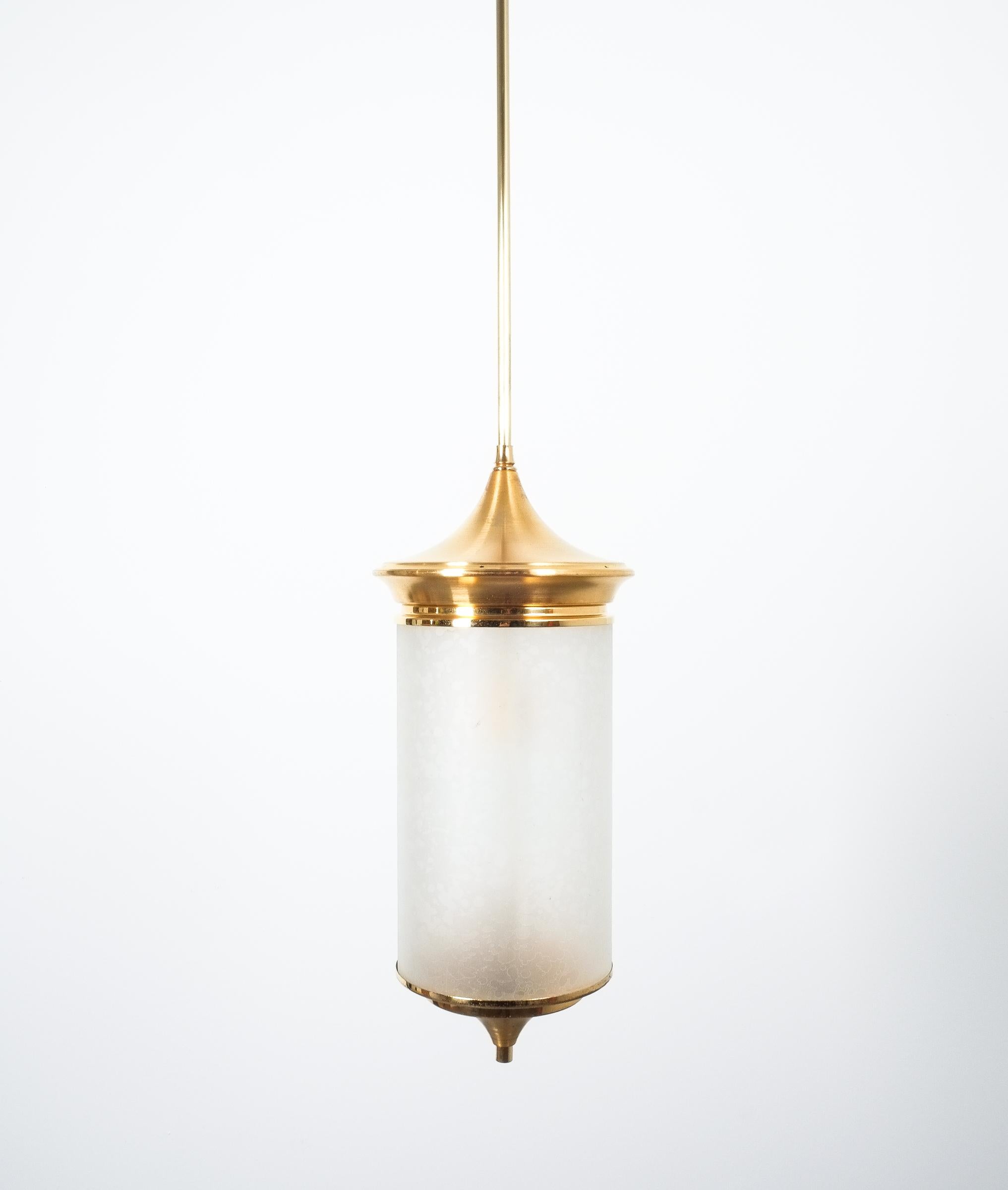 Mid-Century Modern Pair of Chinoiserie Pendant Lamps Brass Glass, circa 1950