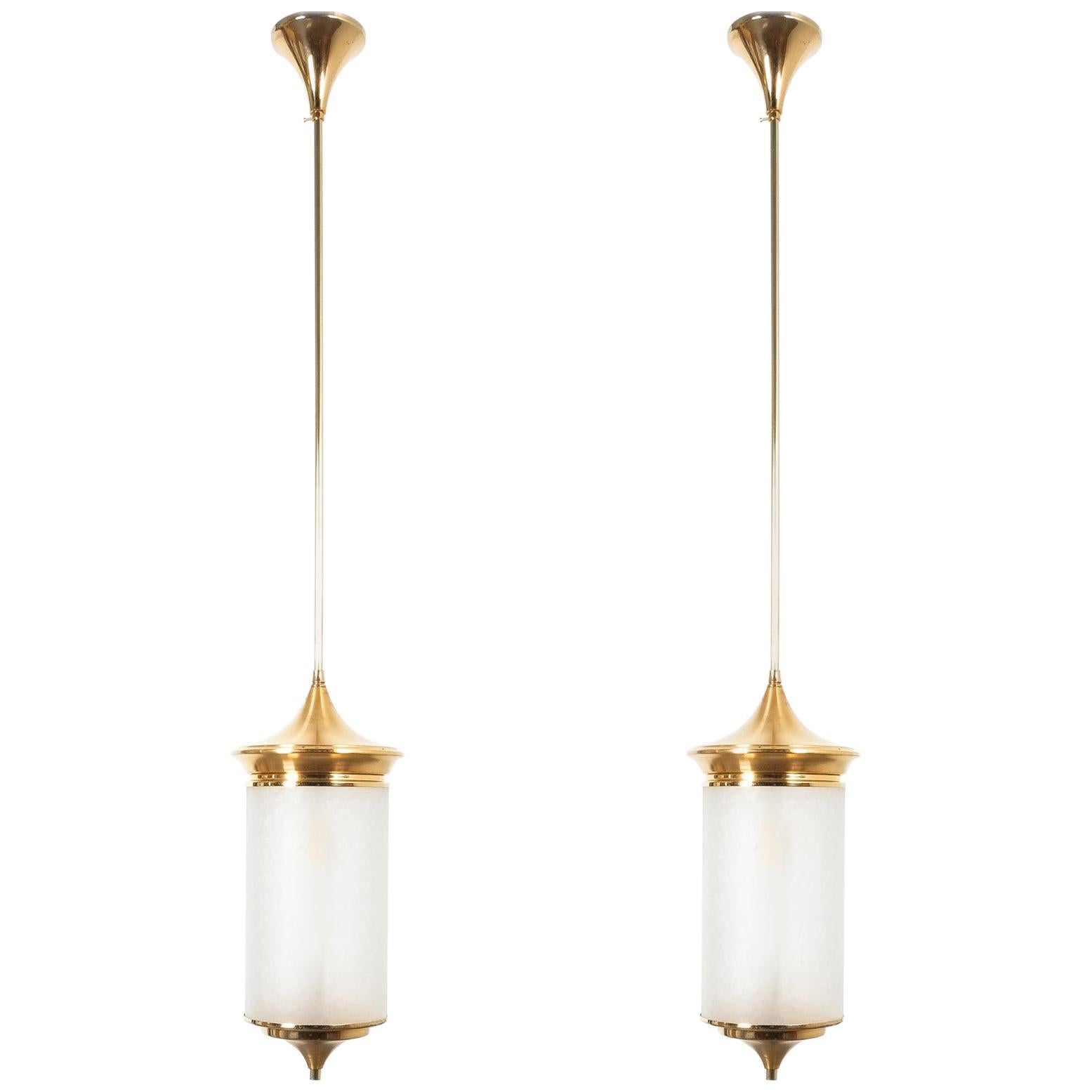 Pair of Chinoiserie Pendant Lamps Brass Glass, circa 1950
