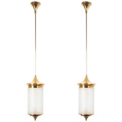 Pair of Chinoiserie Pendant Lamps Brass Glass, circa 1950
