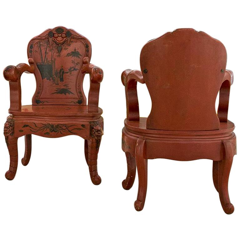 Pair of Chinoiserie Red Lacquered Wood Thrones For Sale
