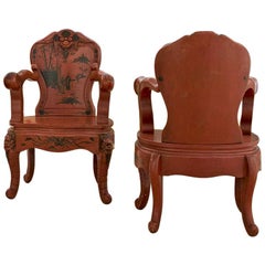 Pair of Chinoiserie Red Lacquered Wood Thrones