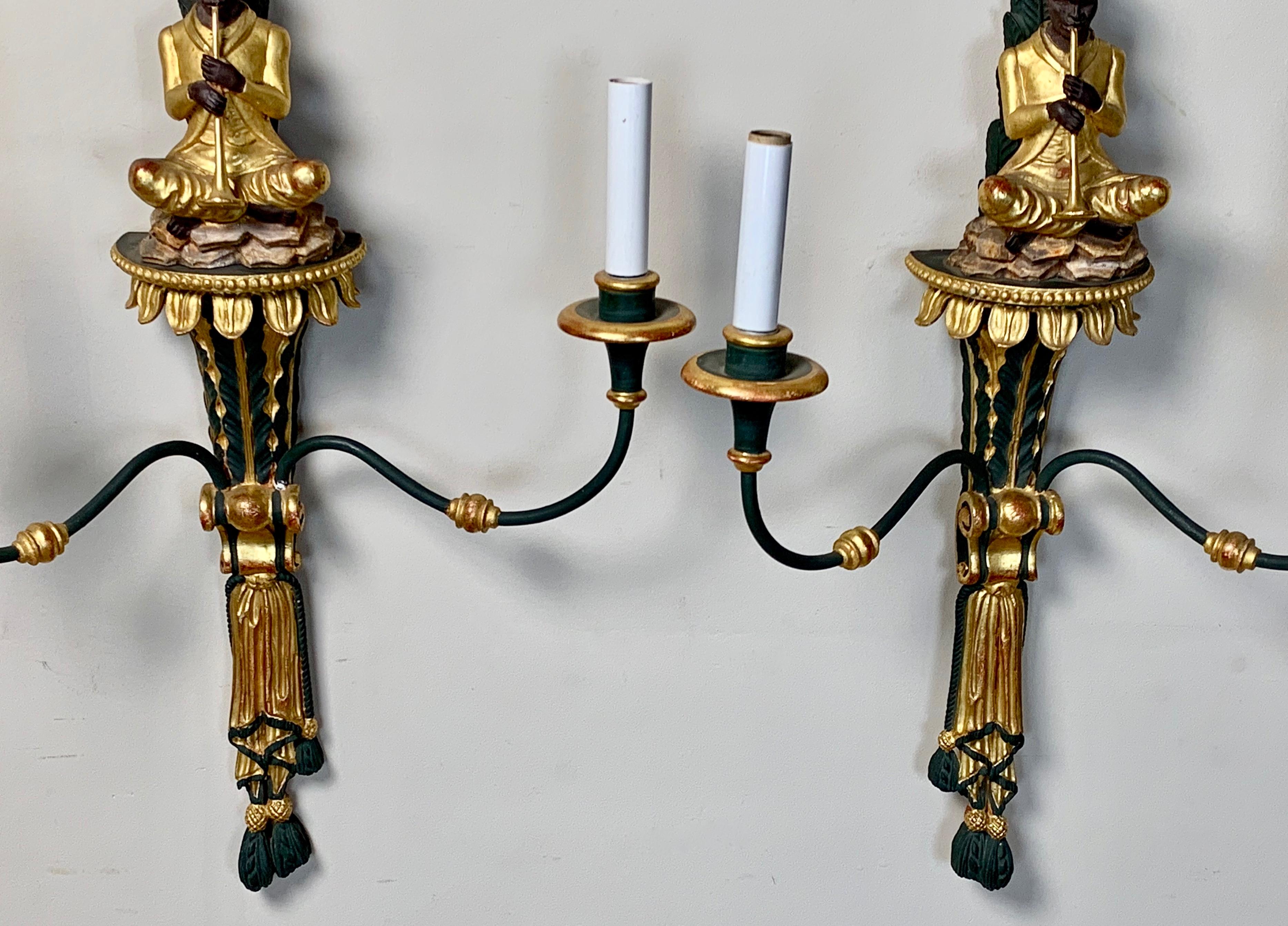 Wood Pair of Chinoiserie Sconces