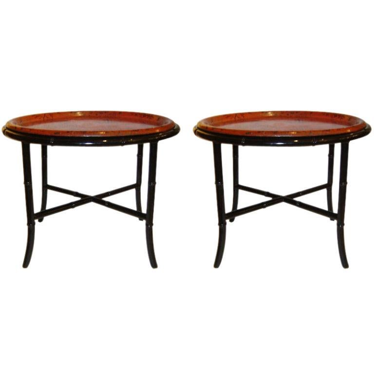 Pair of English 1920s tole tray side tables with chinoiserie painted details and bamboo shaped bases.

Measurements:
Height 20