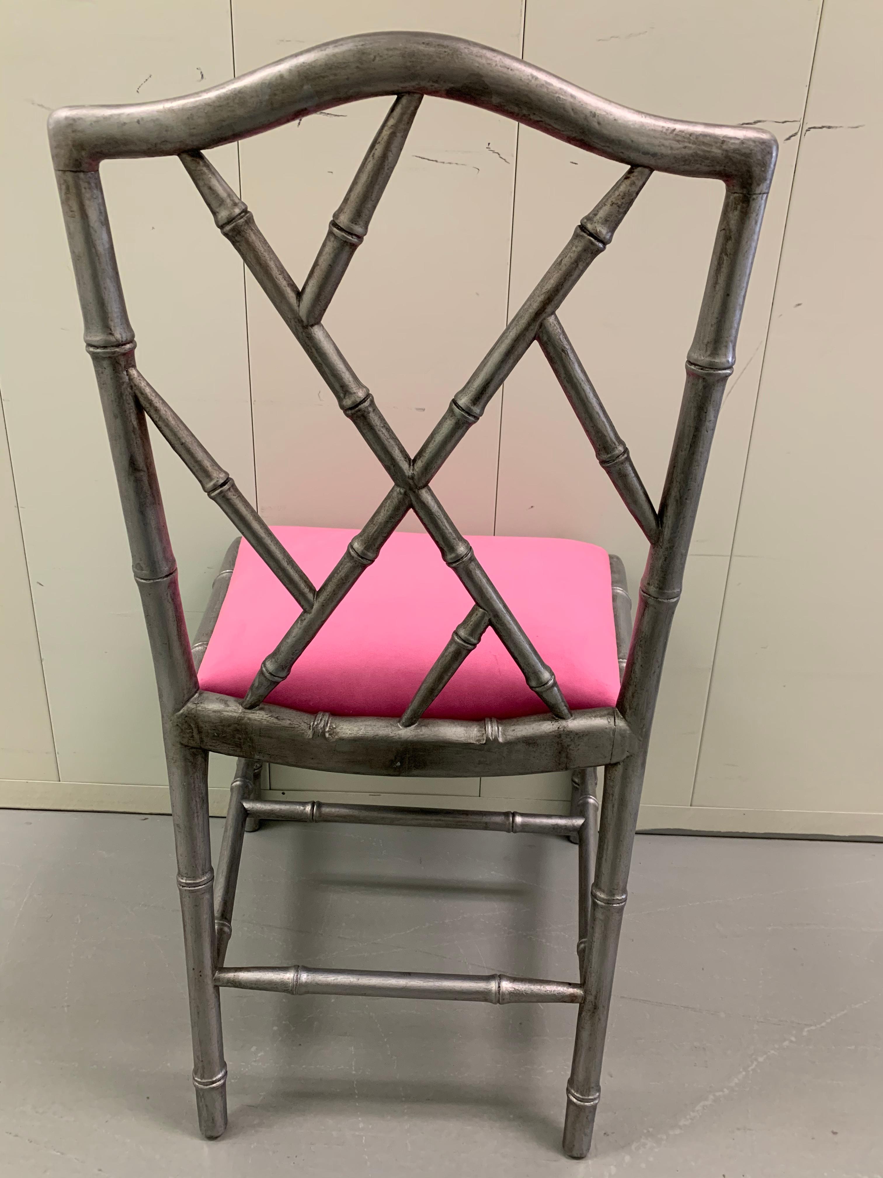 Pair of Chinoiserie Silver Painted Faux Bamboo Side Chairs In Good Condition In Stamford, CT