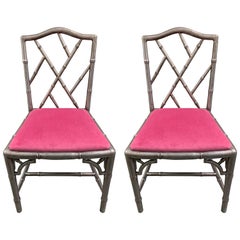 Pair of Chinoiserie Silver Painted Faux Bamboo Side Chairs