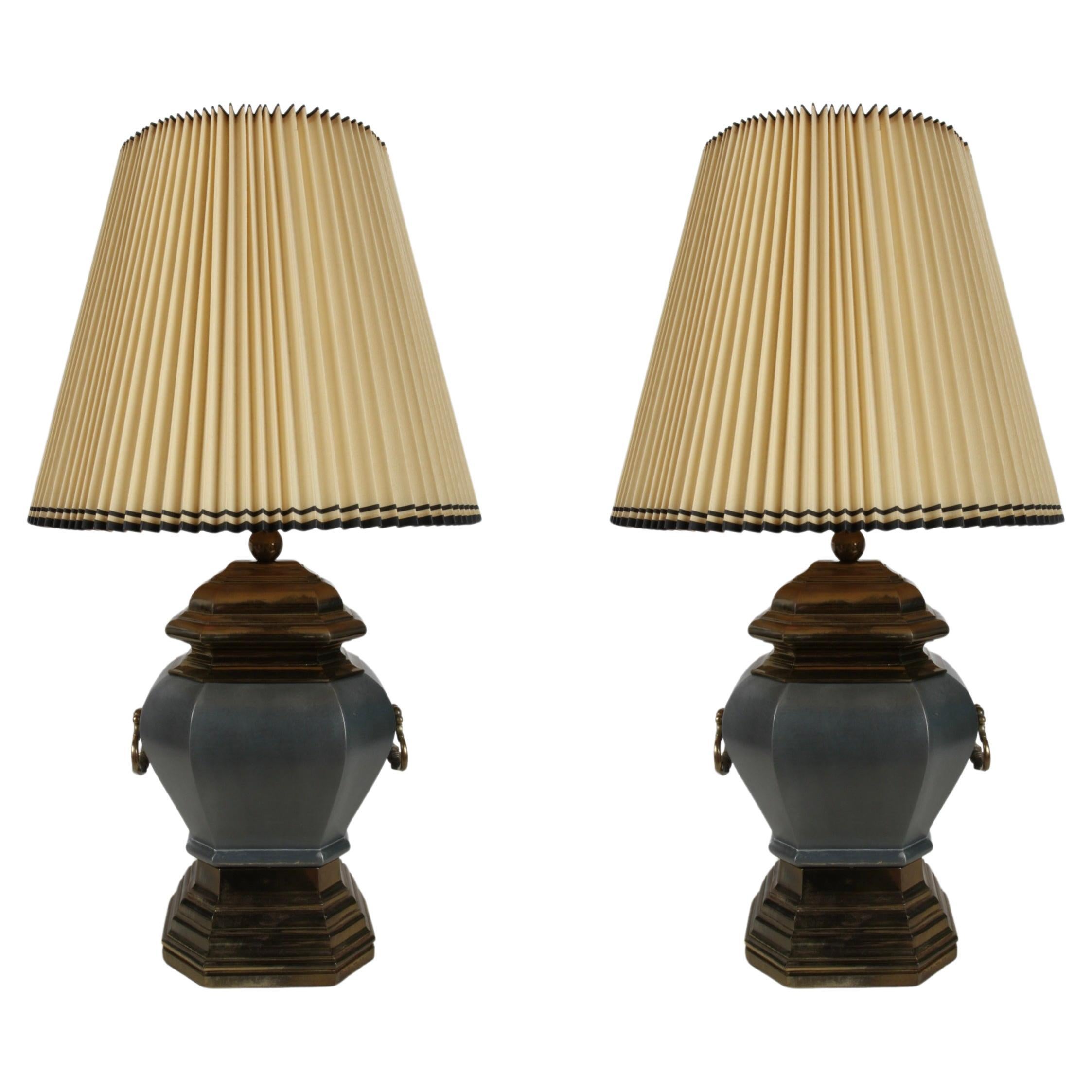 Pair of Chinoiserie Style Brass 
Pewter Urn Lamps by Chapman Lighting 1974 For Sale