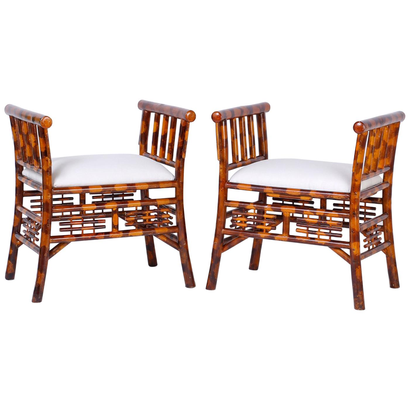 Pair of Chinoiserie Style Faux Burnt Bamboo Benches