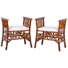 Pair of Chinoiserie Style Faux Burnt Bamboo Benches