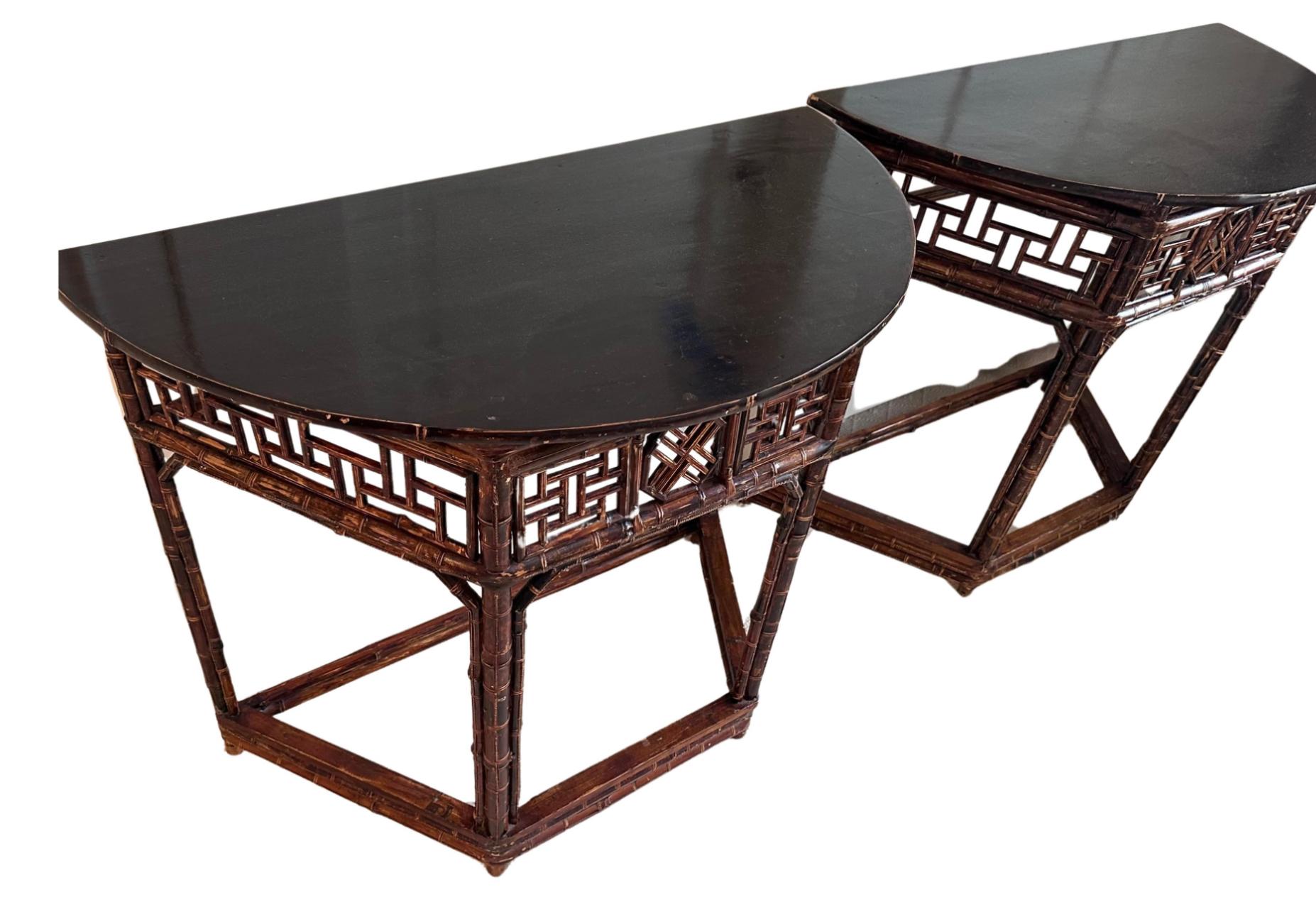 British Pair of Chinoiserie Style Regency Bamboo Demilune Table