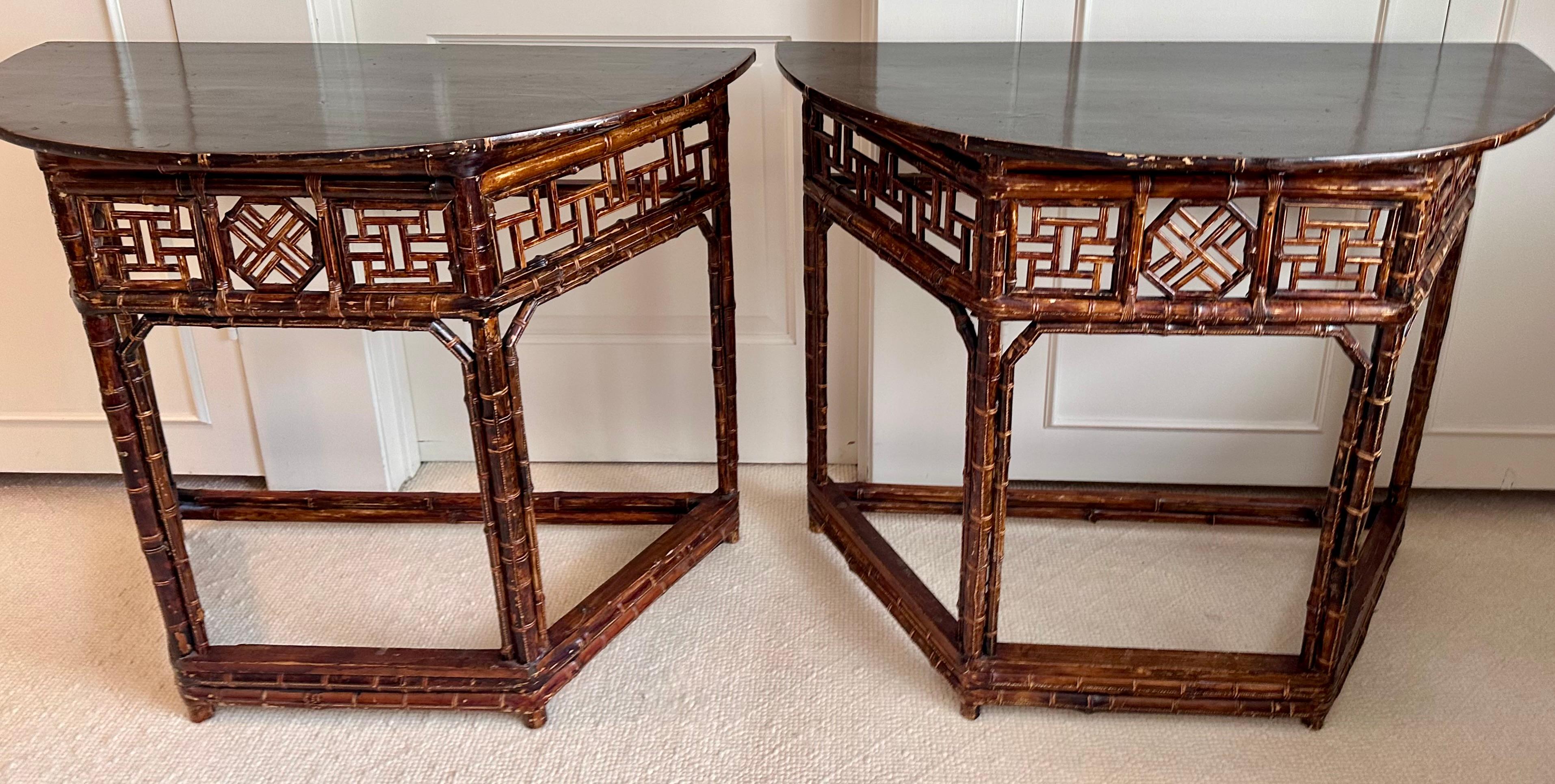 Pair of Chinoiserie Style Regency Bamboo Demilune Table In Good Condition In LOS ANGELES, CA