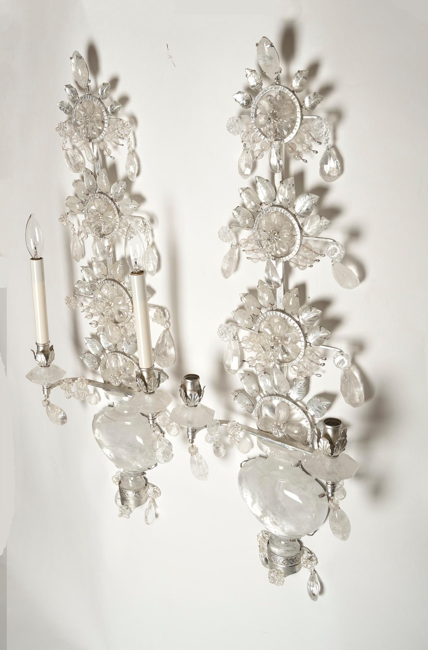 Pair of Chinoiserie Style Silvered Metal Two-Light Rock Crystal Sconces In Good Condition For Sale In New York, NY