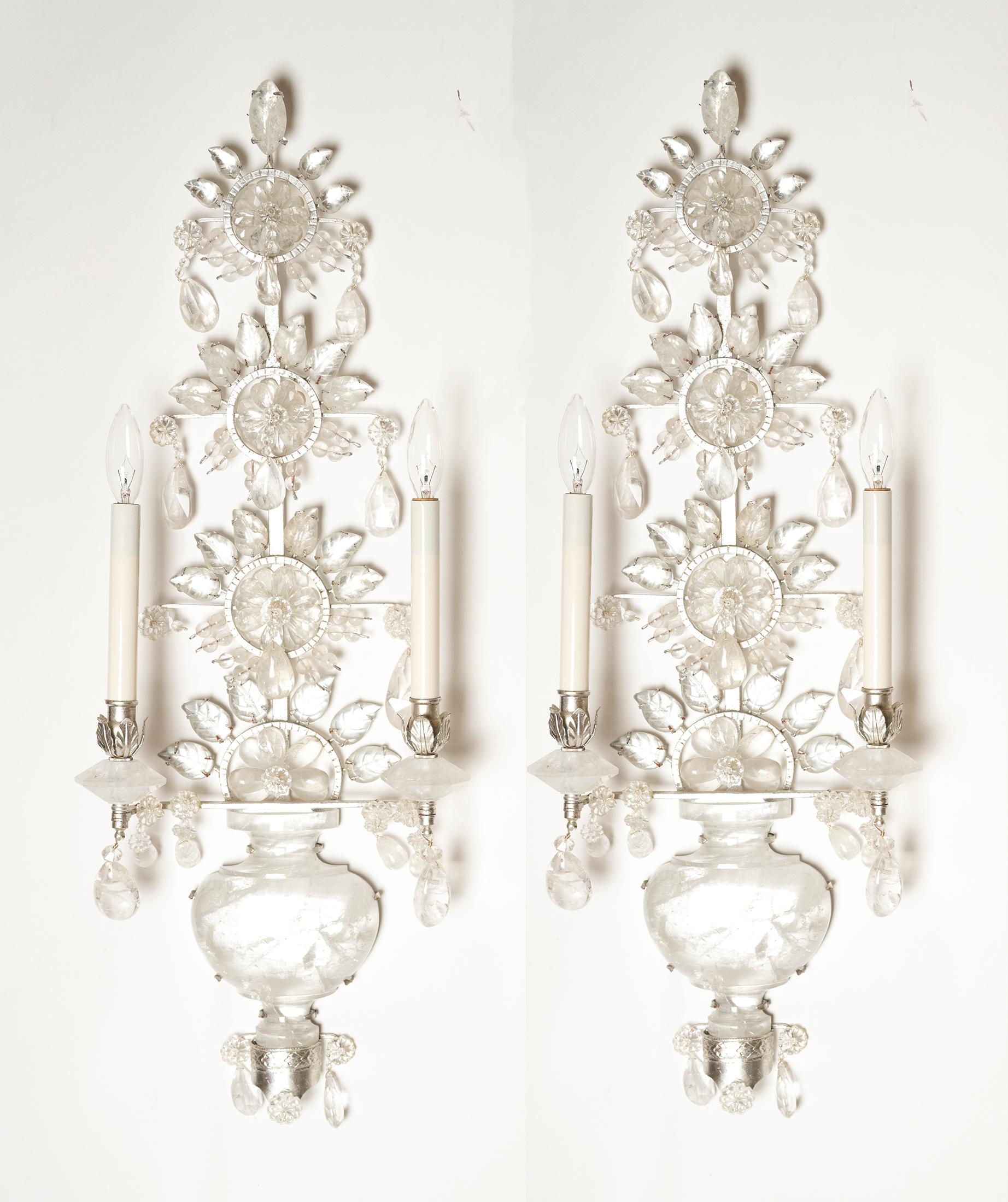 Contemporary Pair of Chinoiserie Style Silvered Metal Two-Light Rock Crystal Sconces For Sale