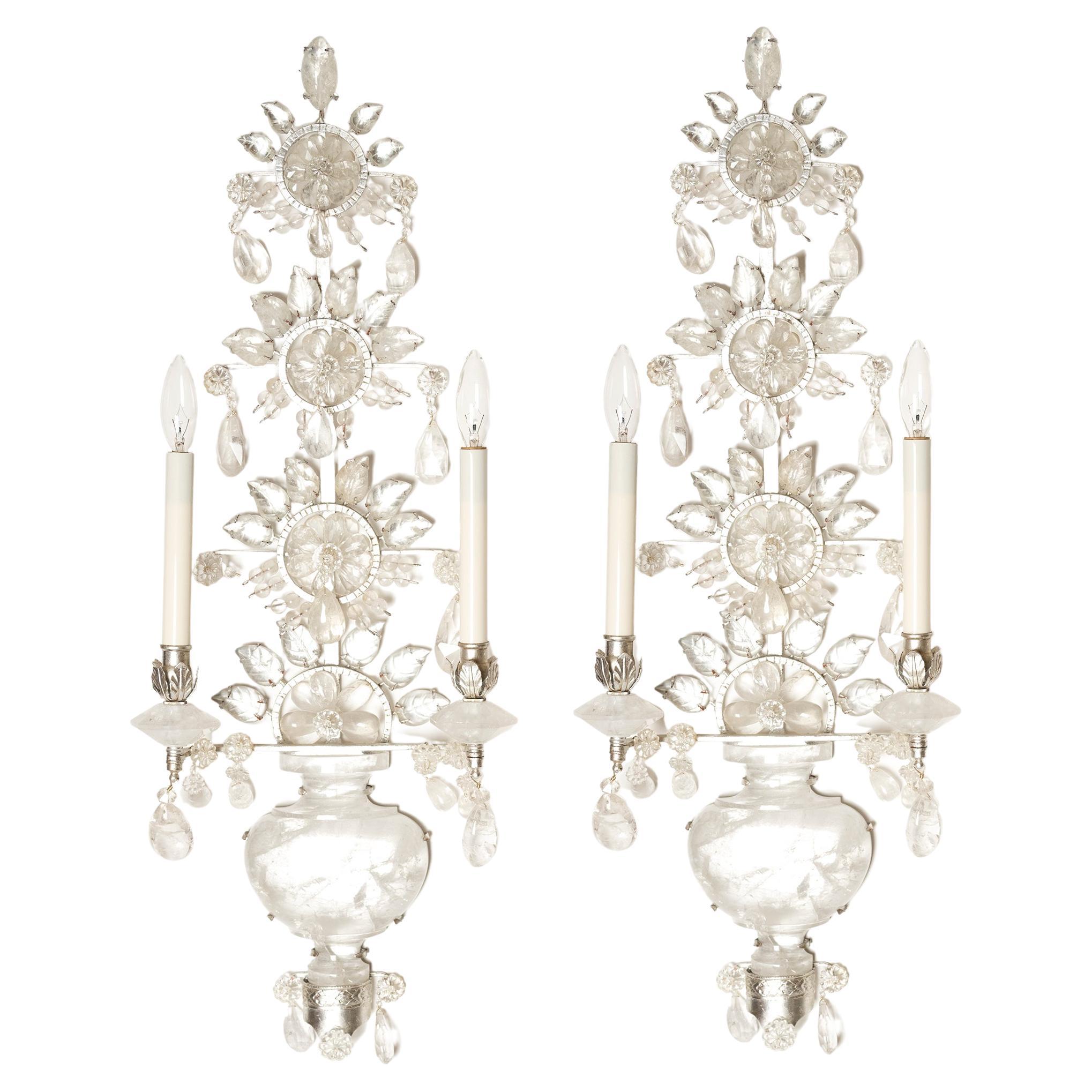 Pair of Chinoiserie Style Silvered Metal Two-Light Rock Crystal Sconces For Sale