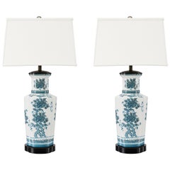 Pair of Blue Chinoiserie Hand Painted Table Lamps in the Style of Billy Haines