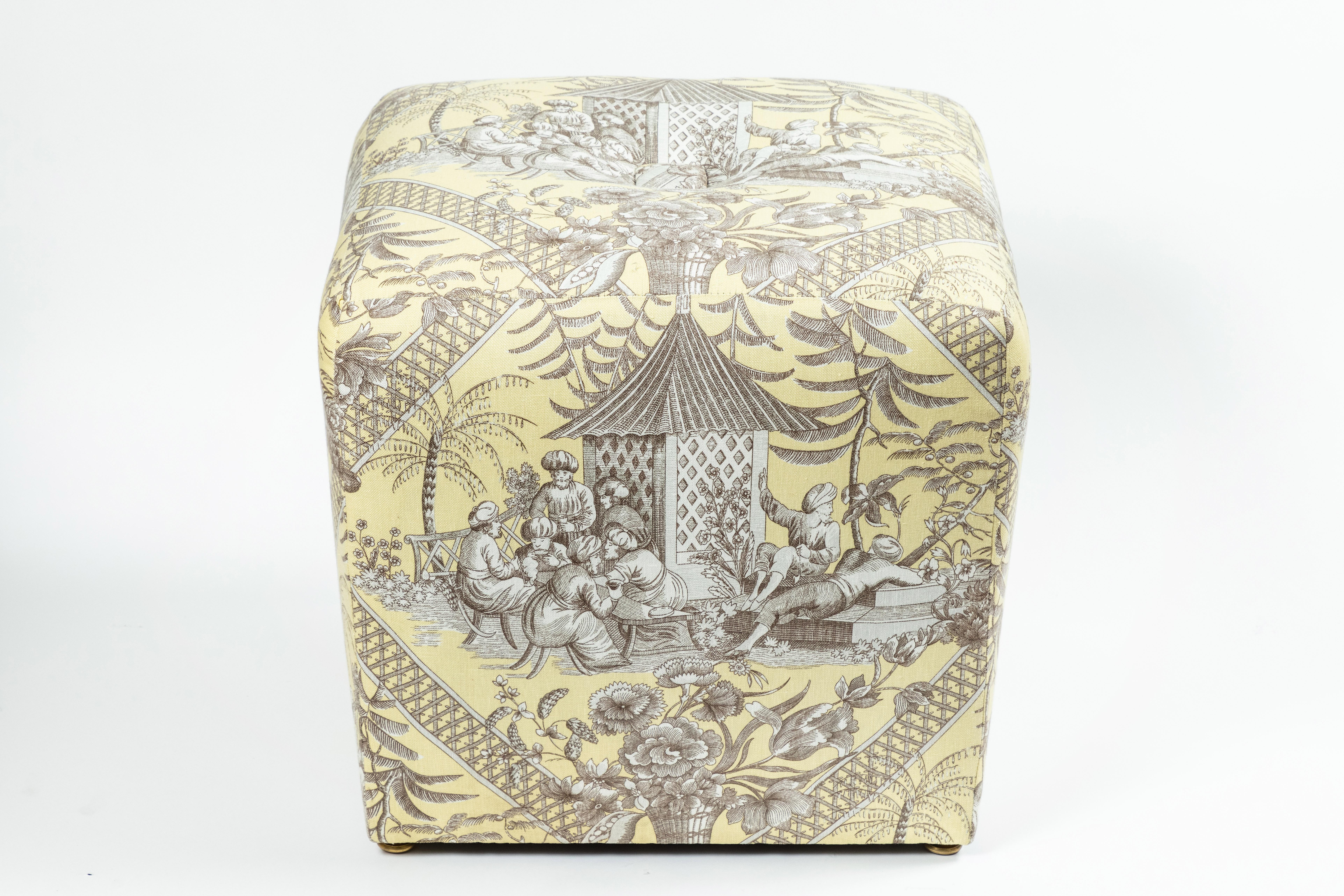American Pair of Chinoiserie Toile Ottomans For Sale