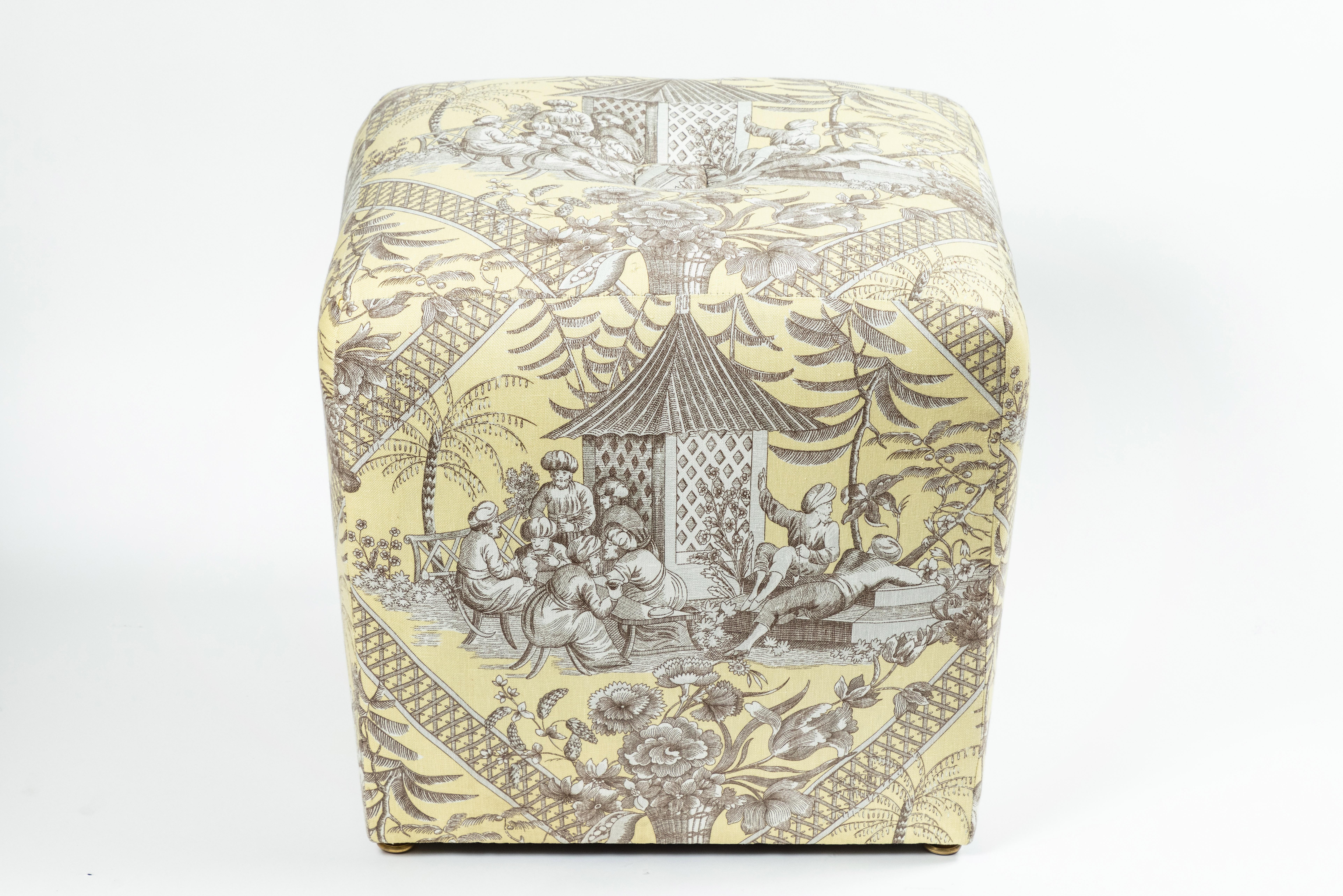 American Pair of Chinoiserie Toile Ottomans