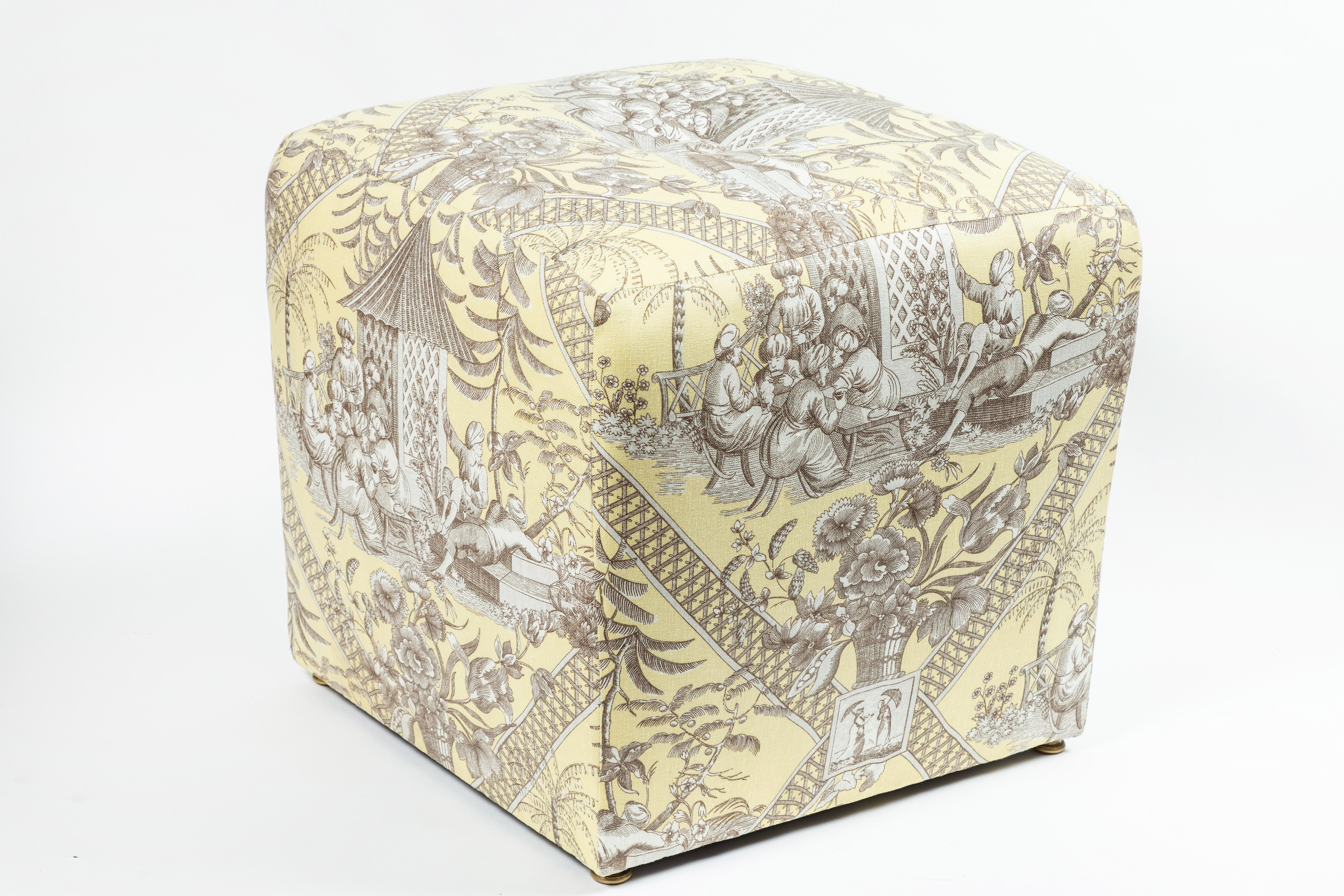 Late 20th Century Pair of Chinoiserie Toile Ottomans For Sale