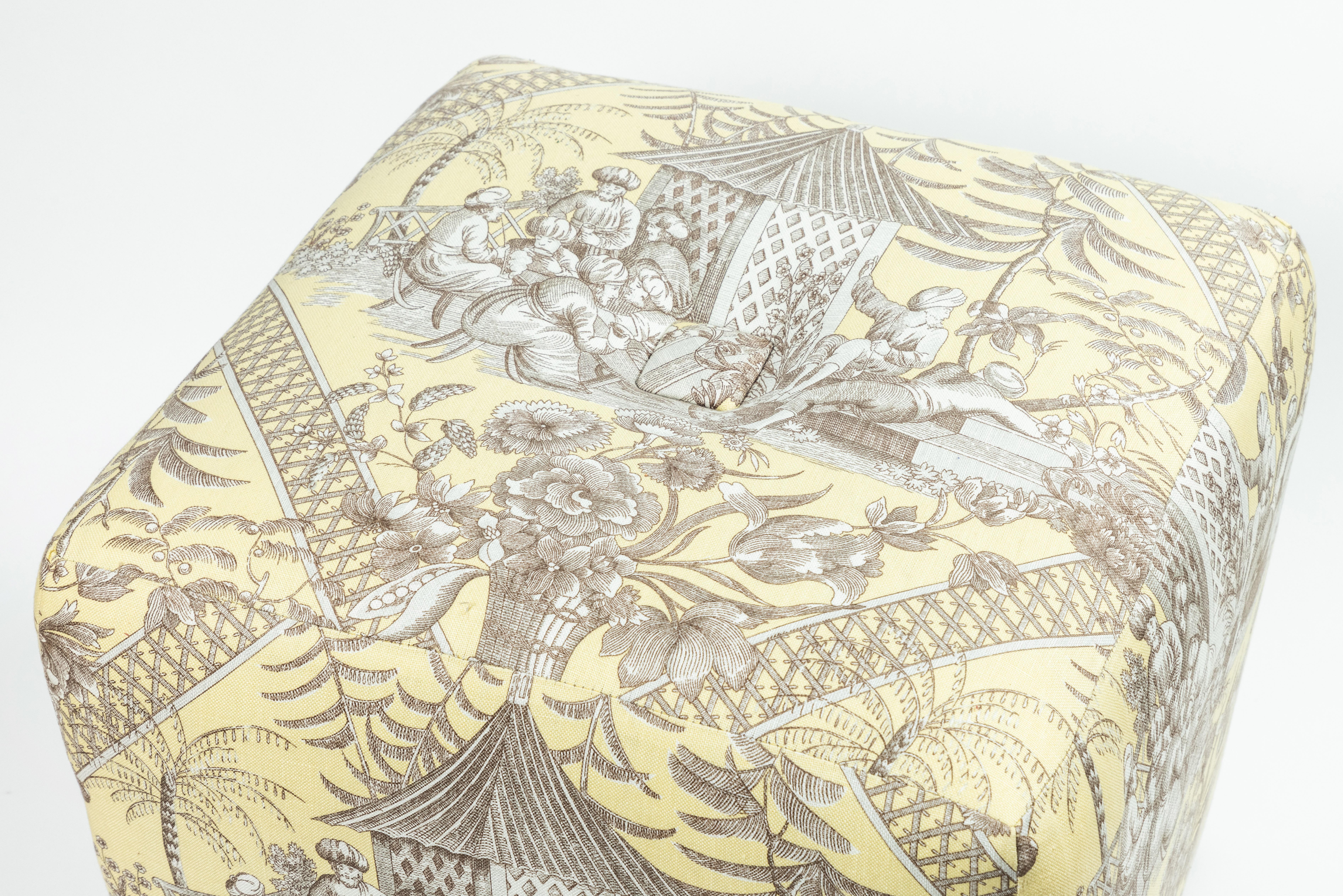 Fabric Pair of Chinoiserie Toile Ottomans For Sale