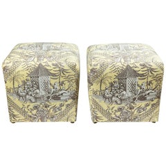 Vintage Pair of Chinoiserie Toile Ottomans