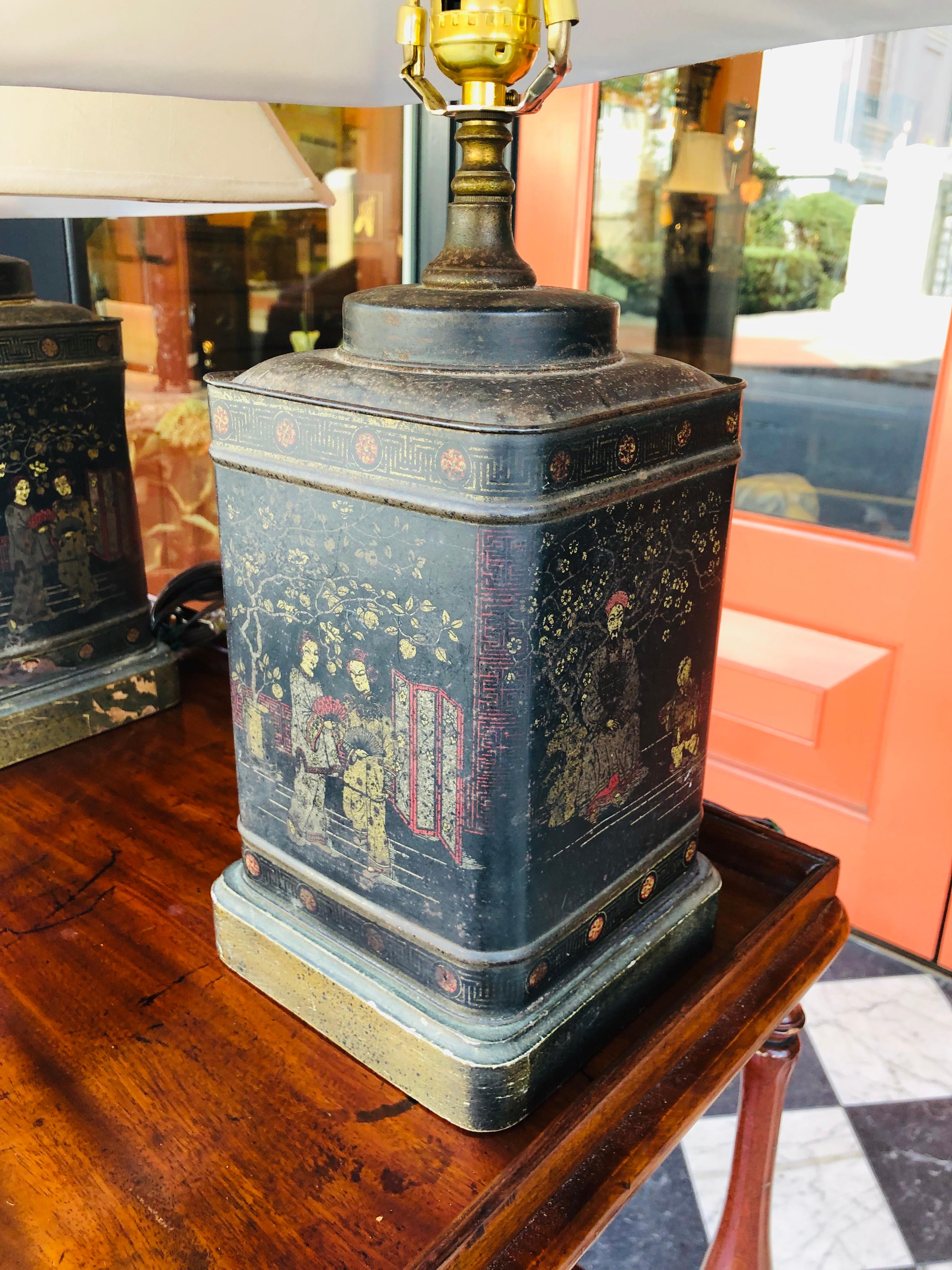 Pair of chinoiserie tole tea canister lamps.