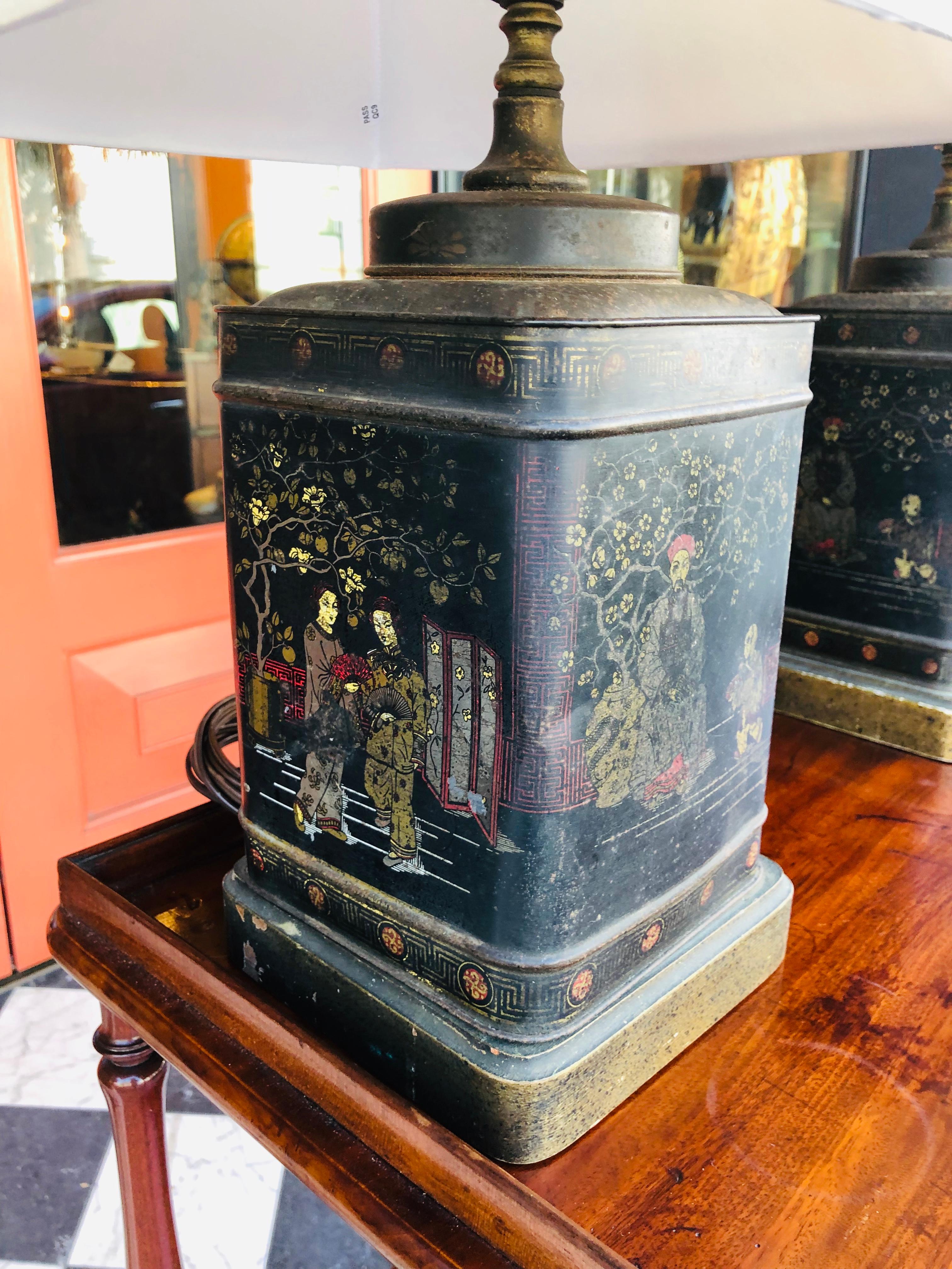 Asian Pair of Chinoiserie Tole Tea Canister Lamps