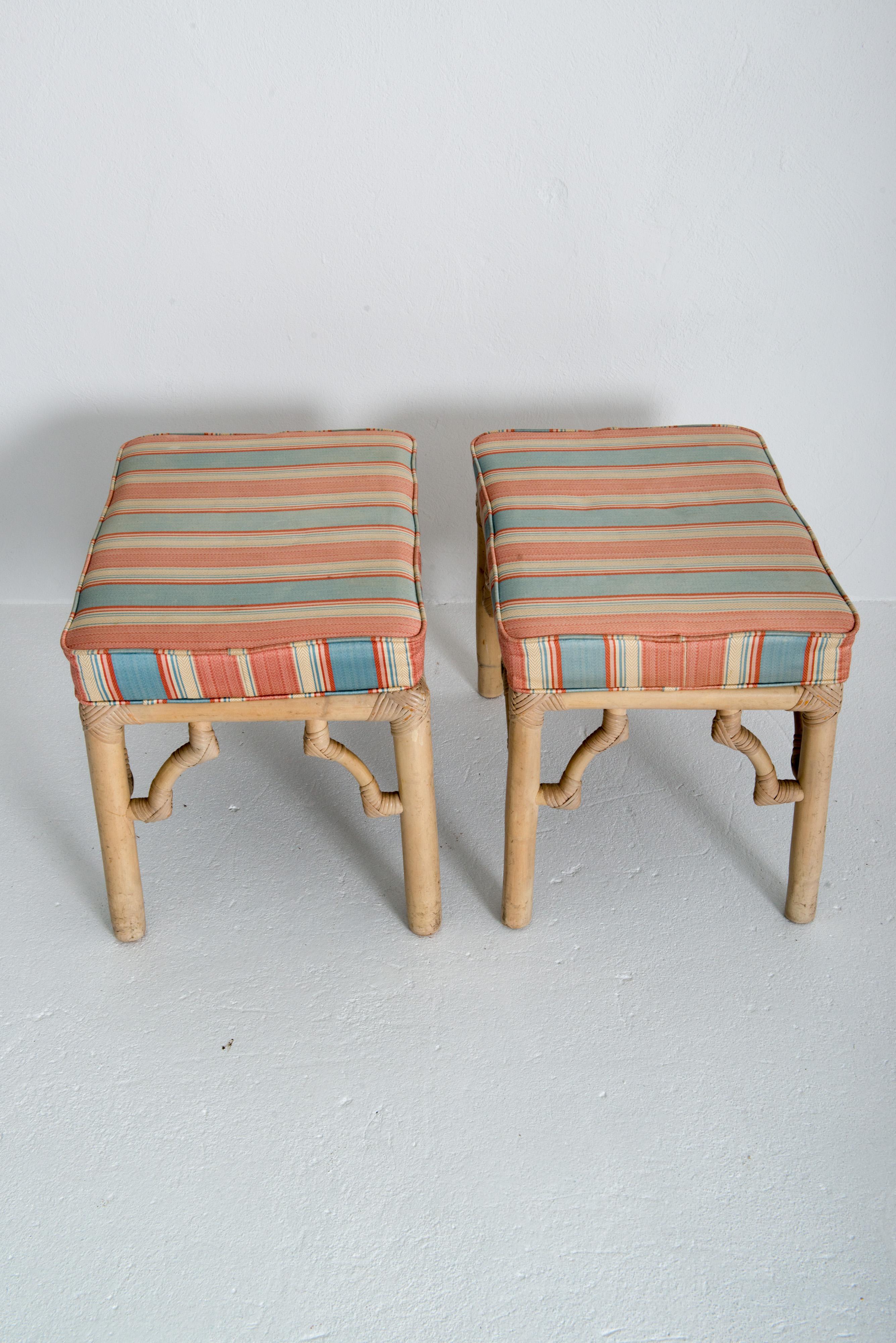 Pair of Chinoiserie Upholstered Rattan Ottomans For Sale 1