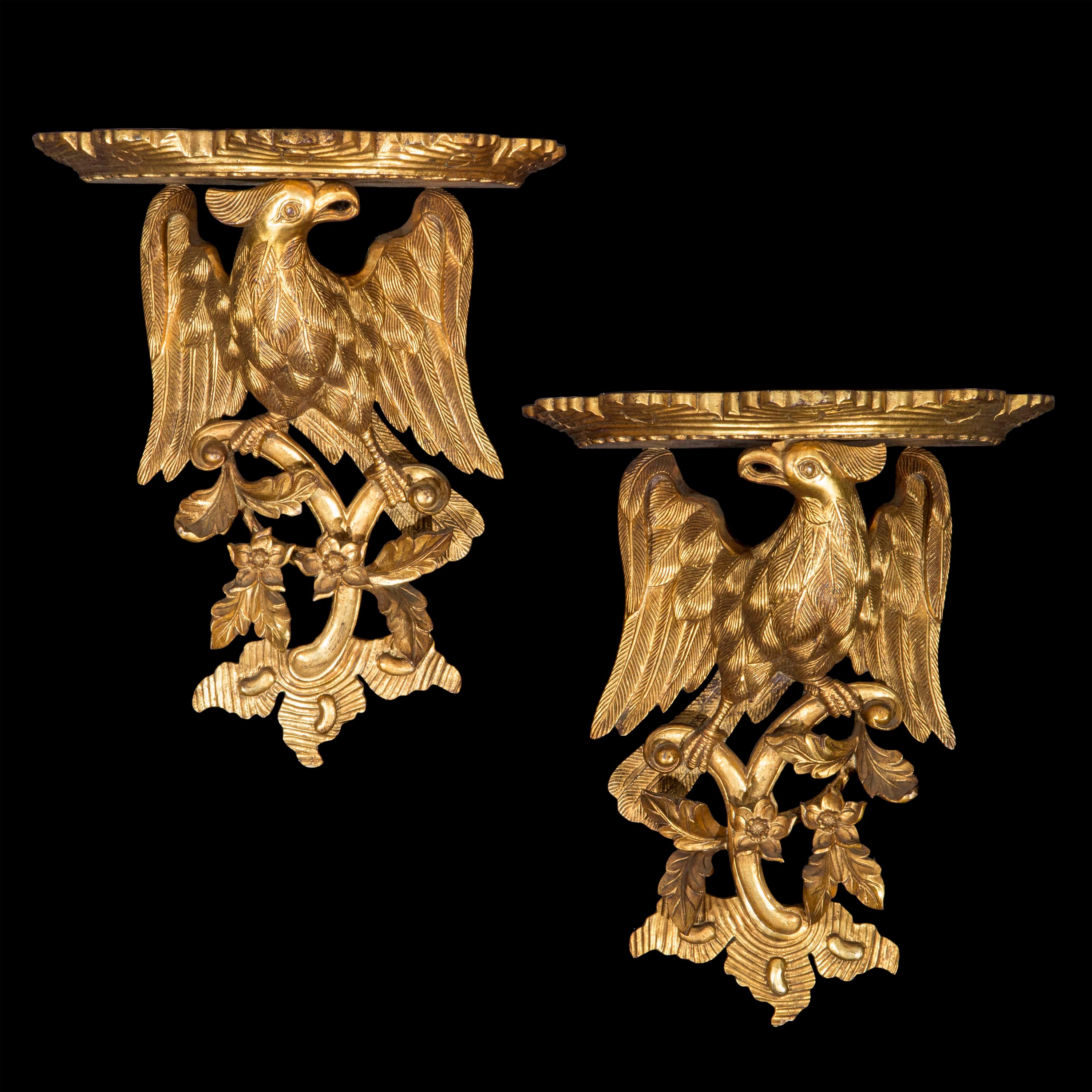 A pair of chinoiserie giltwood wall brackets.
Continental, circa 1950.

Why we like them
Wonderfully sculptural, superbly decorative 18th century 'Chinoiserie meets Rococo' design, with Ho-Ho birds perched on scrolled branches. 

A very chic