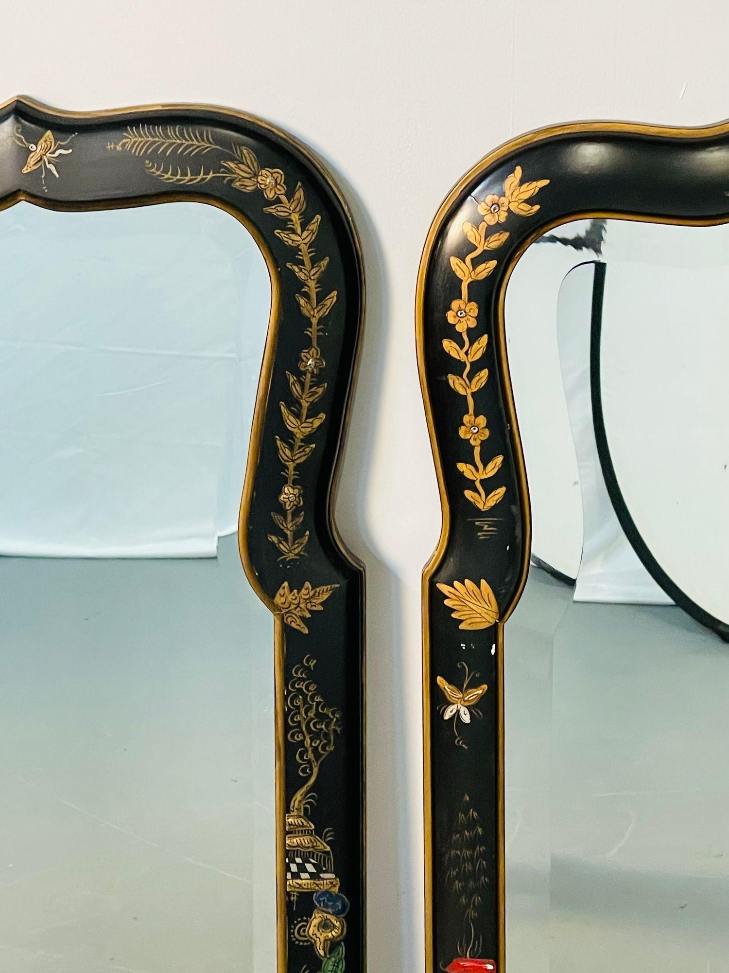Pair of Chinoiserie Wall / Console / Pier Mirrors, Ebony Paint Decorated 7