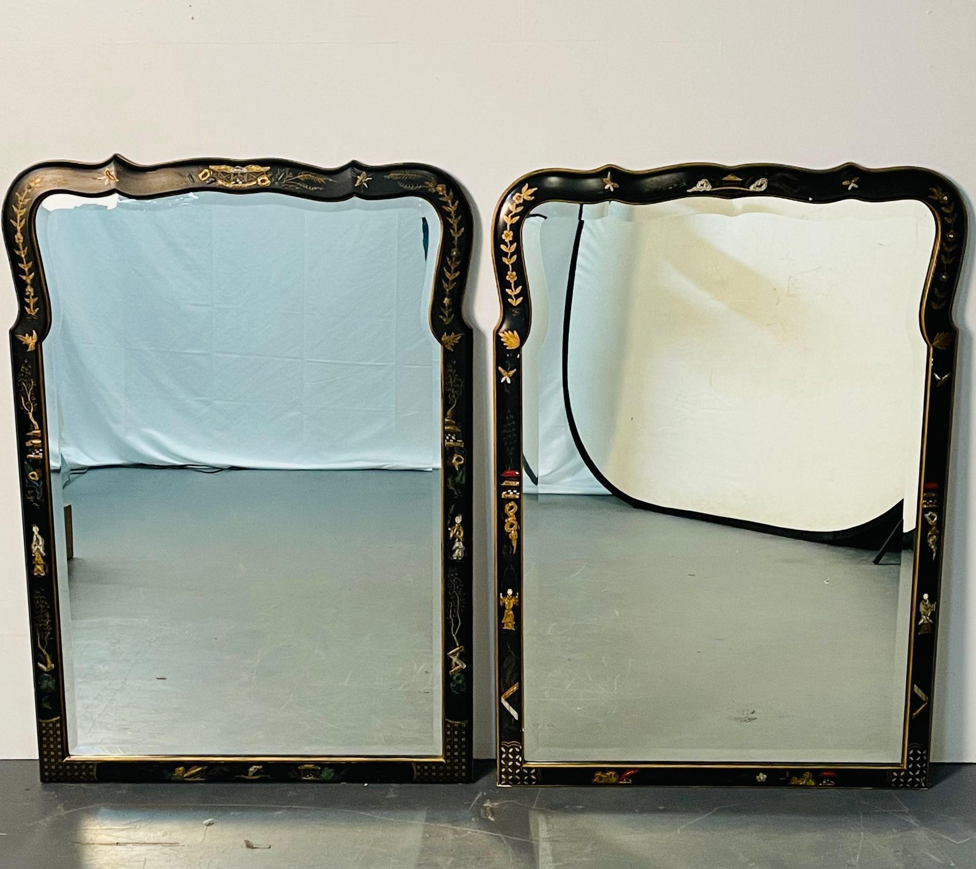 Pair of Chinoiserie wall / console / pier mirrors, ebony paint decorated
Pair of Chinoiserie ebony paint decorated wall / console / pier mirrors, giltwood. Each having a clear clean center mirror in a parcel gilt and ebony frame depicting