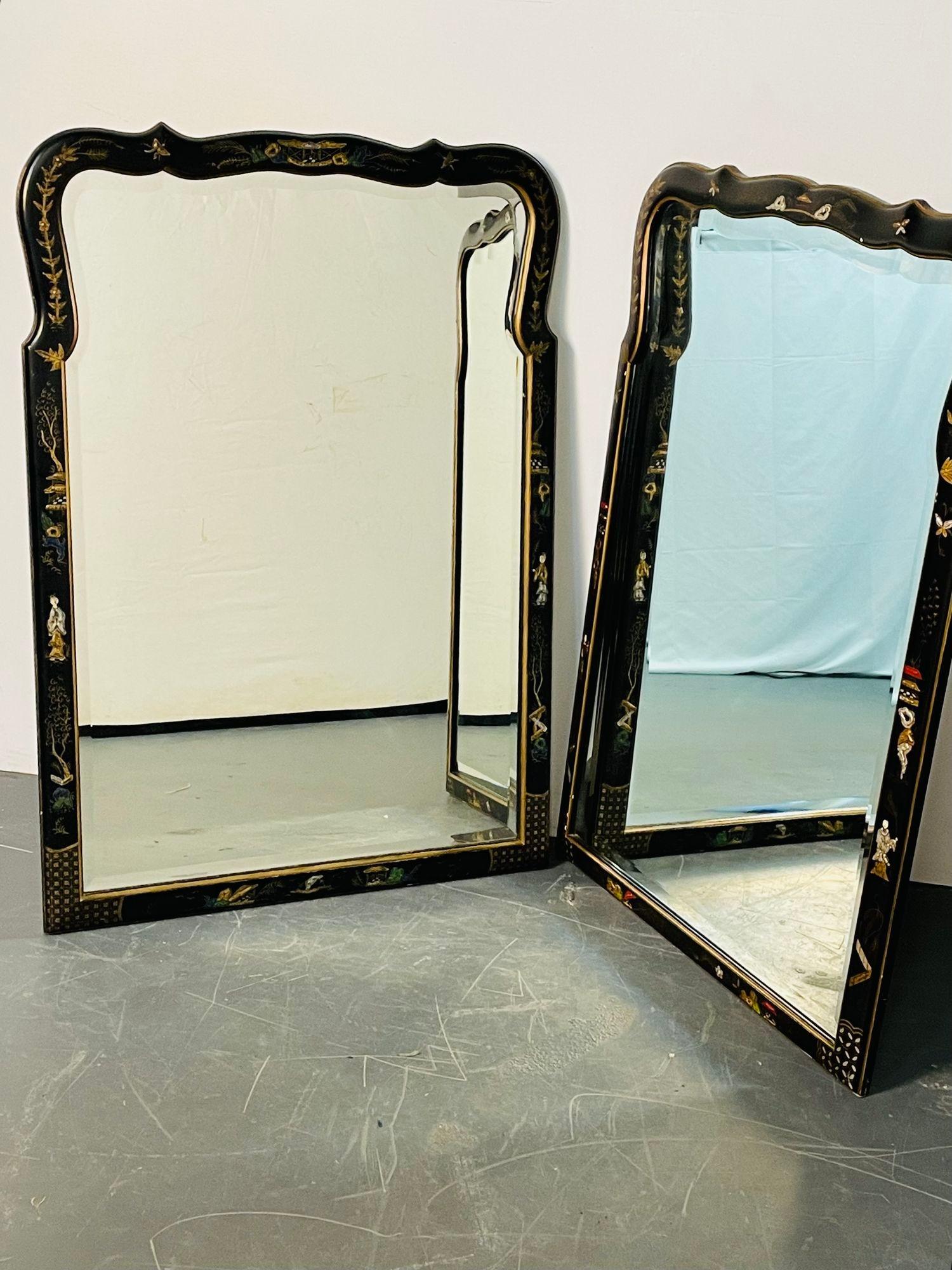 Pair of Chinoiserie Wall / Console / Pier Mirrors, Ebony Paint Decorated In Good Condition In Stamford, CT