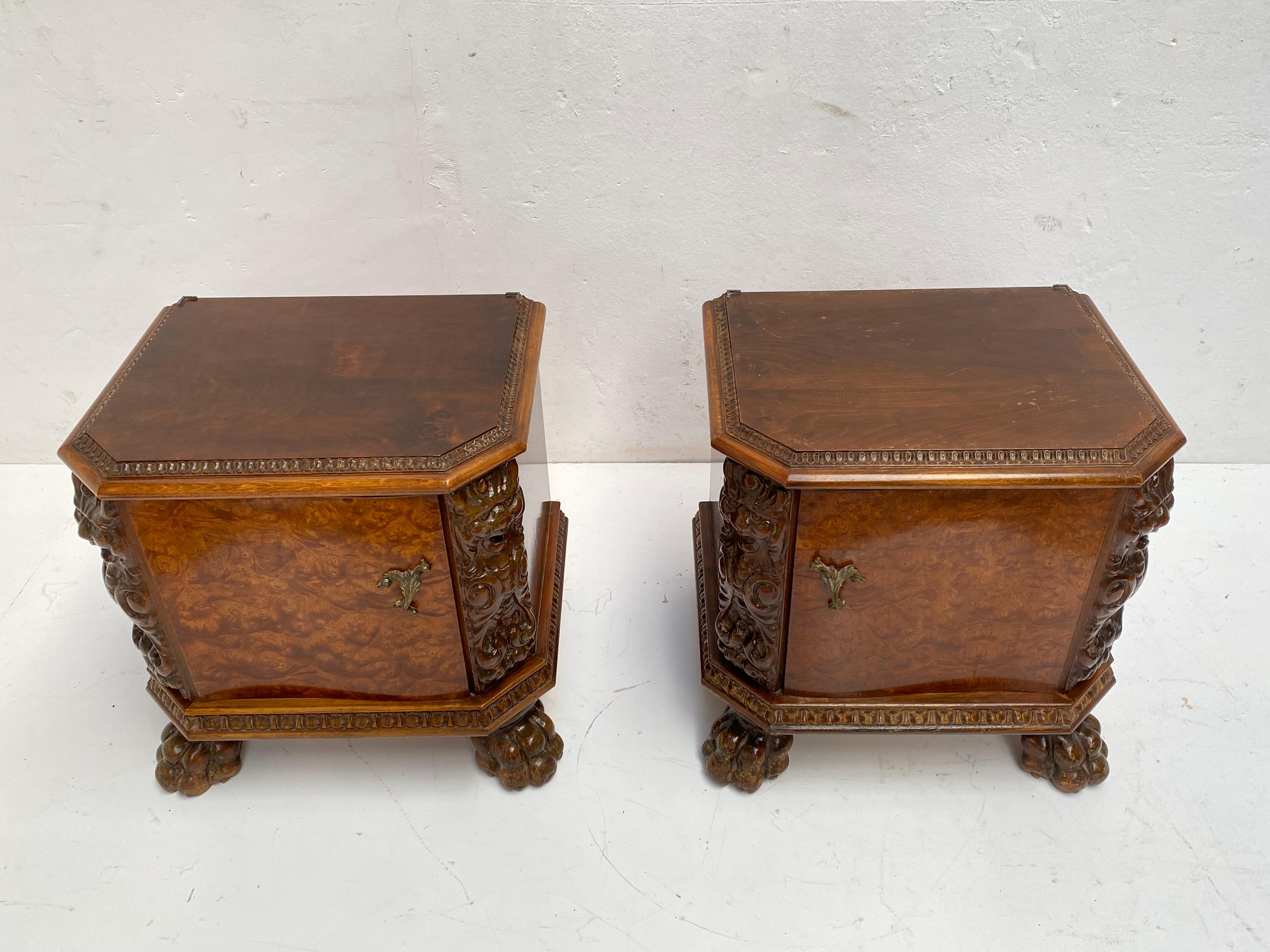 Pair of Chippendale Baroque Style Night Stands with Lion Claw Feet Carved Walnut For Sale 12