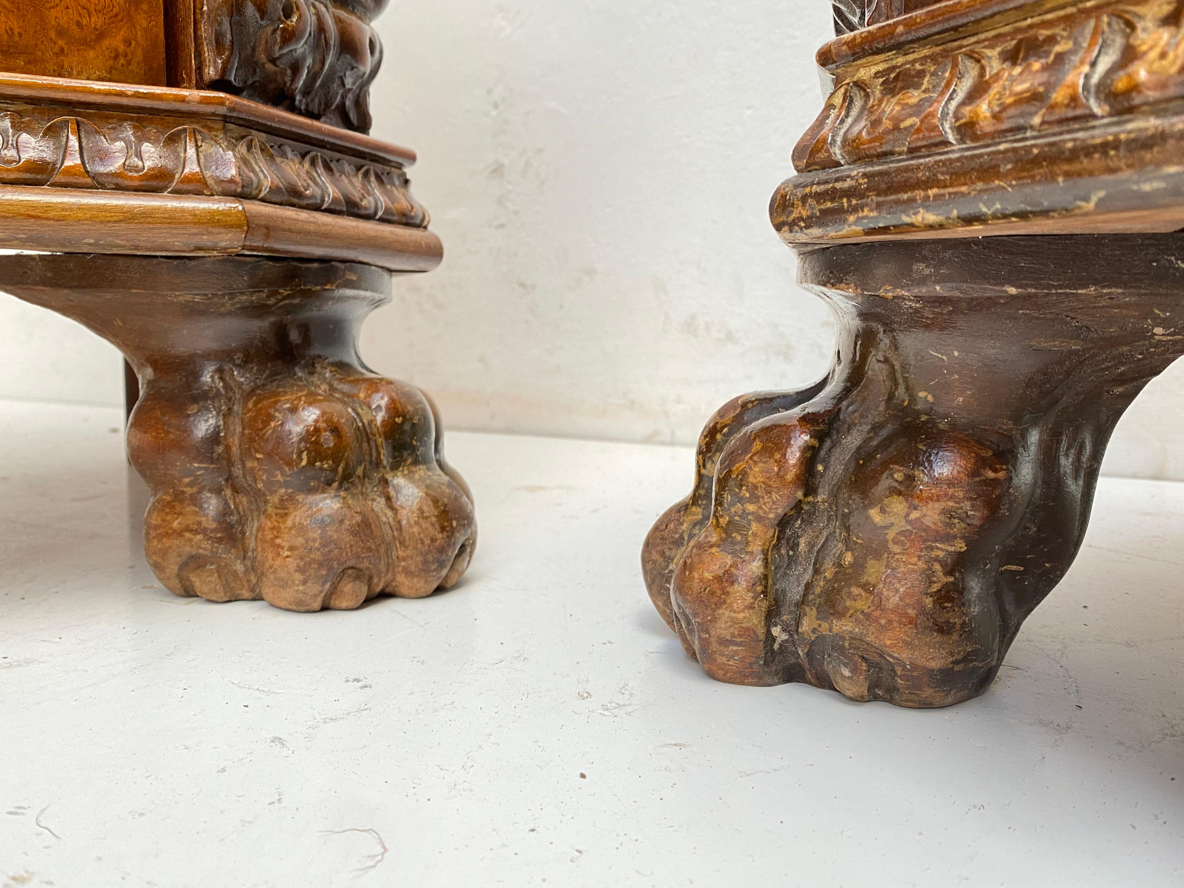 Pair of Chippendale Baroque Style Night Stands with Lion Claw Feet Carved Walnut For Sale 1