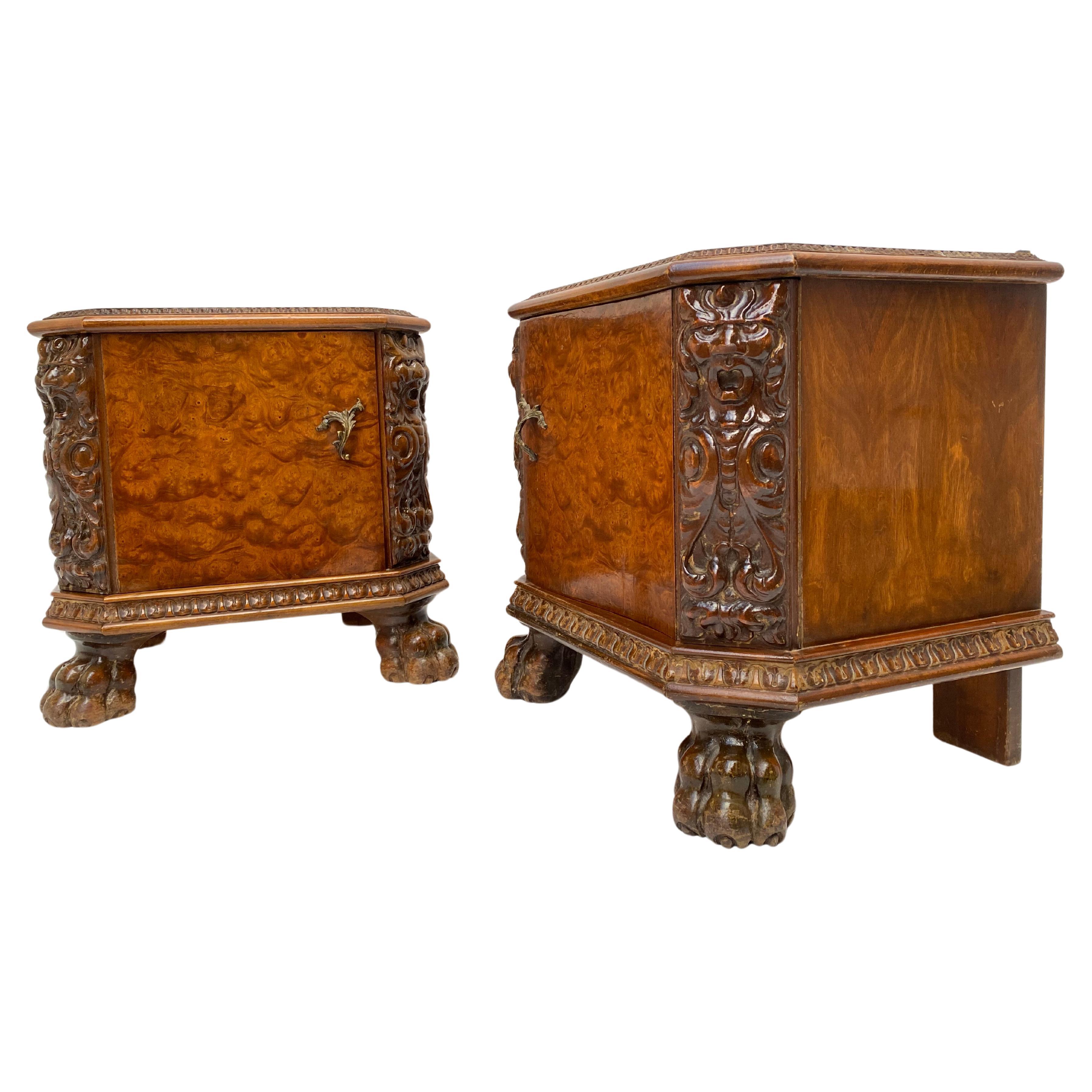 Pair of Chippendale Baroque Style Night Stands with Lion Claw Feet Carved Walnut For Sale