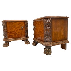 Pair of Chippendale Baroque Style Night Stands with Lion Claw Feet Carved Walnut