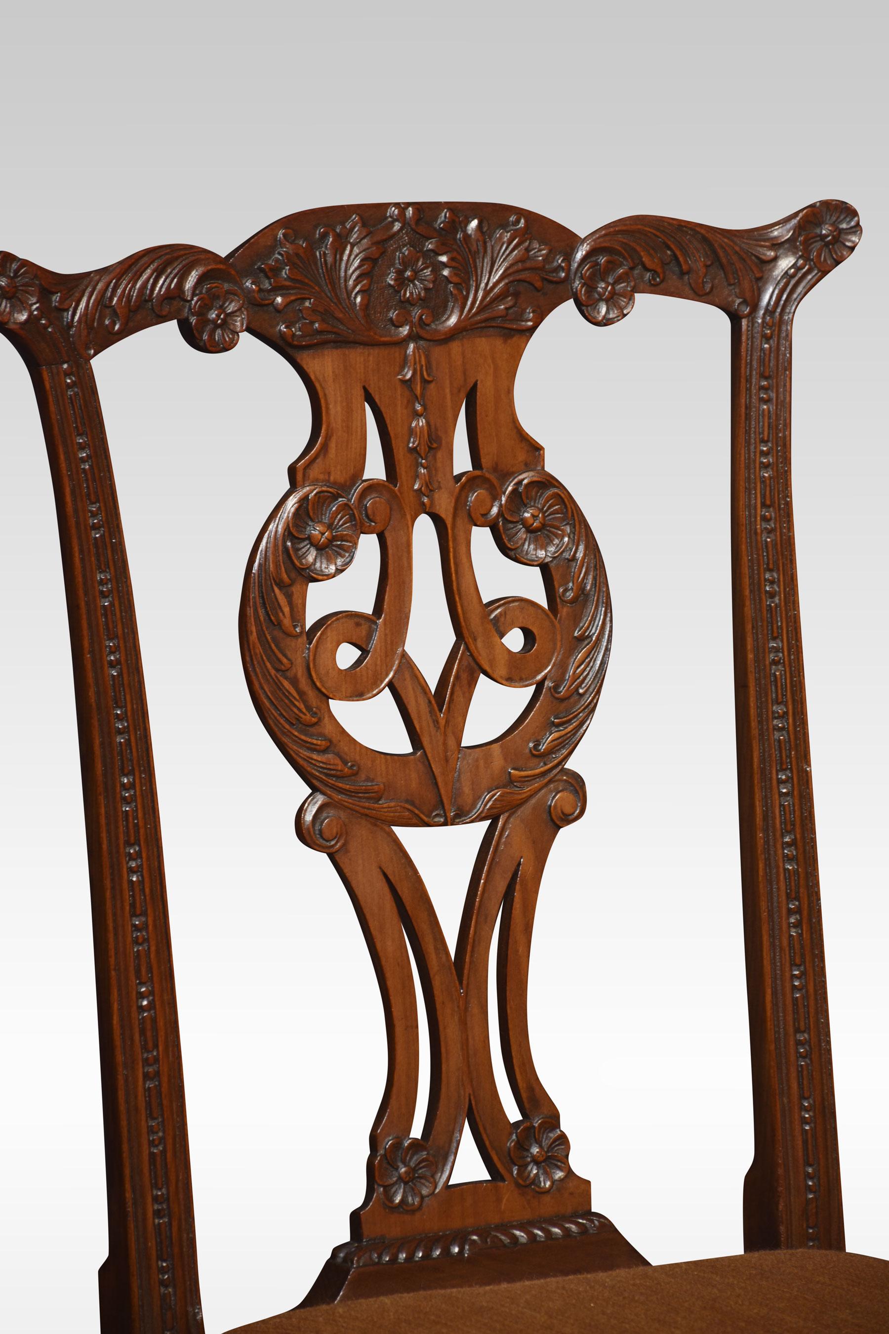 Pair of mahogany side chairs, each with a yoked crest rail above a pierced splat with quatrefoil cut-outs over a drop-in seat. All raised up on cabriole supports terminating in claw and ball feet.
Dimensions
Height 38 Inches height to seat 18