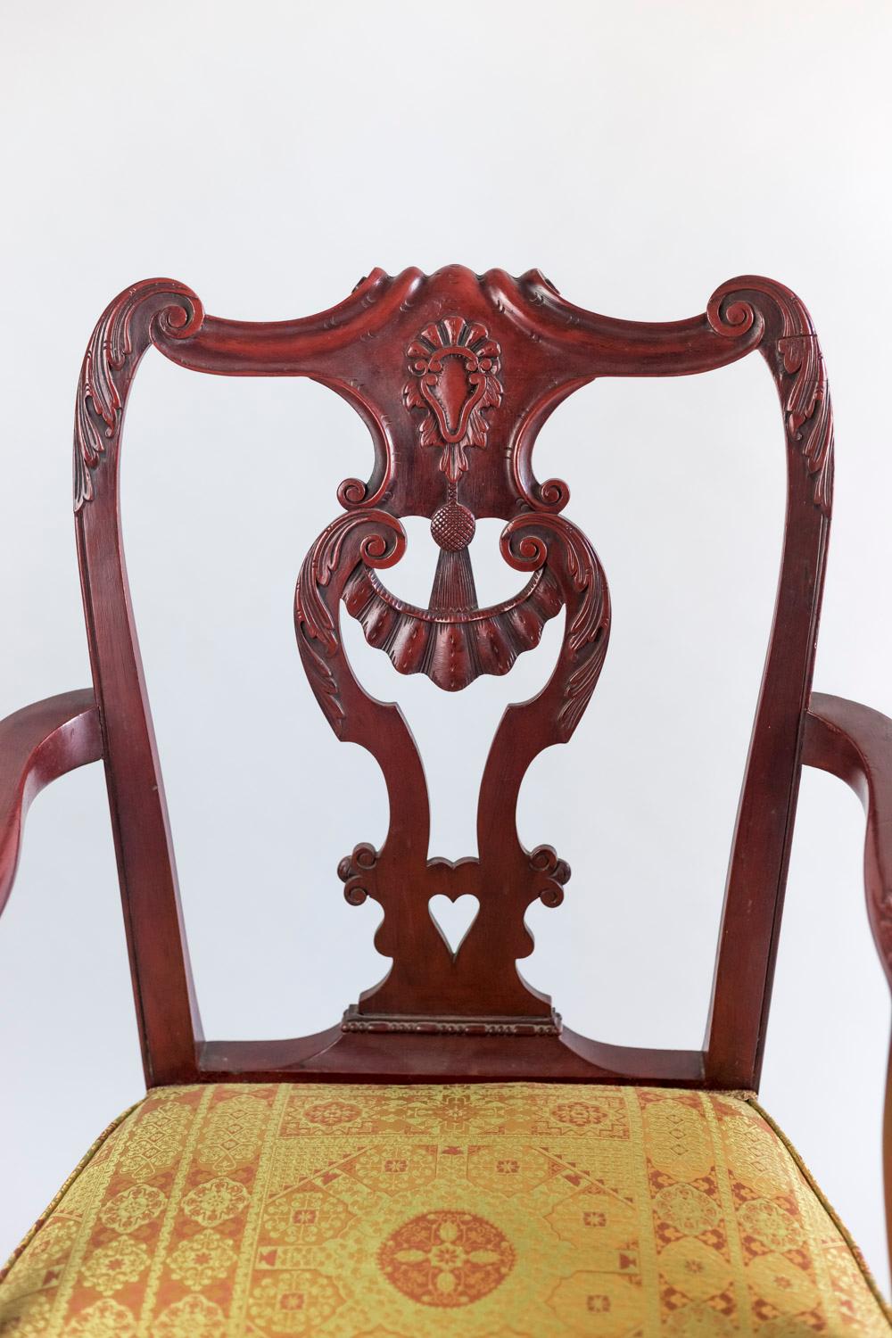 Pair of Chippendale Style Armchairs in Red Lacquered Wood, circa 1880 For Sale 1