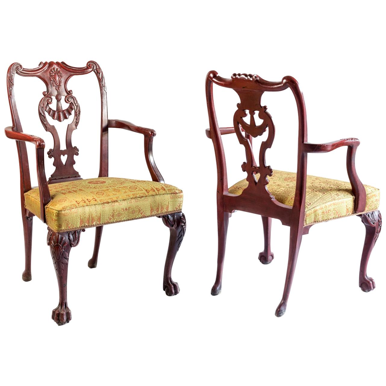 Pair of Chippendale Style Armchairs in Red Lacquered Wood, circa 1880 For Sale