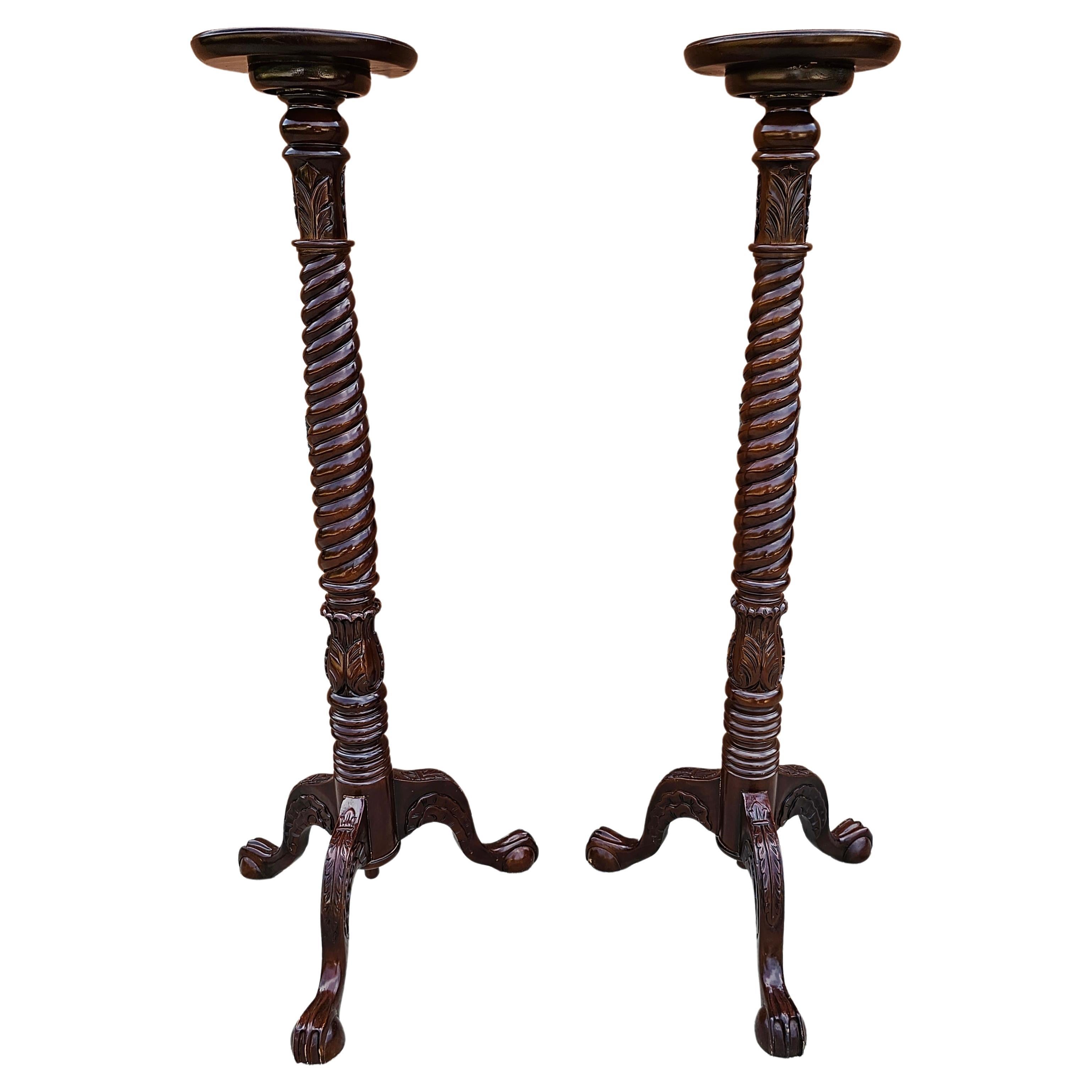 Pair of Chippendale Style Carved and Stained Mahogany Stands with Ball Claw Feet For Sale