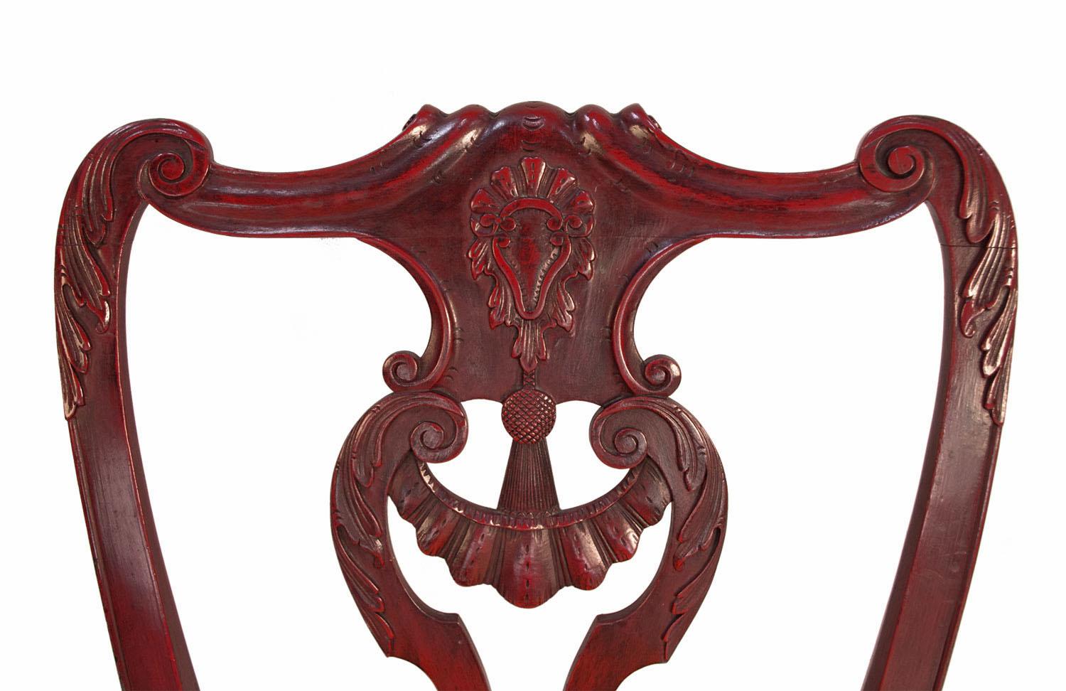 Chinese Chippendale Pair of Chippendale Style Chairs in Red Lacquered Wood, circa 1880 For Sale
