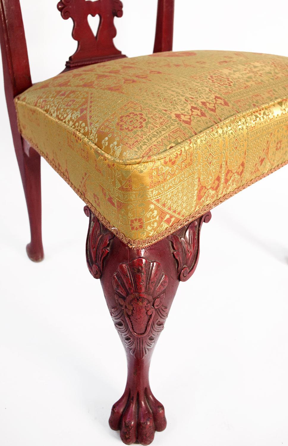 Late 19th Century Pair of Chippendale Style Chairs in Red Lacquered Wood, circa 1880 For Sale